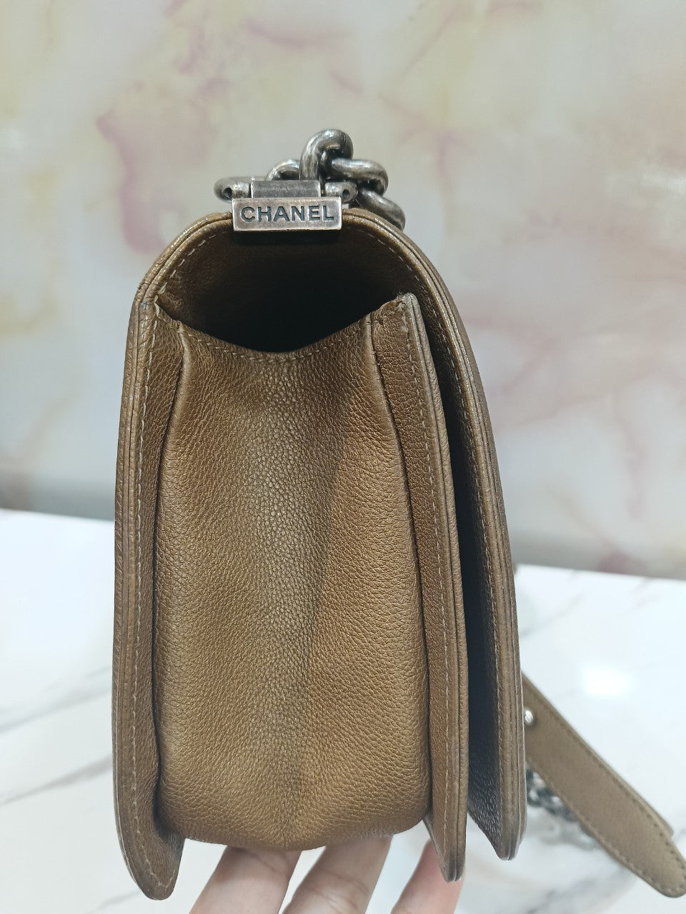 Chanel Boy25 Medium Caviar Bronze RHW#17. Size 25x15x9cm