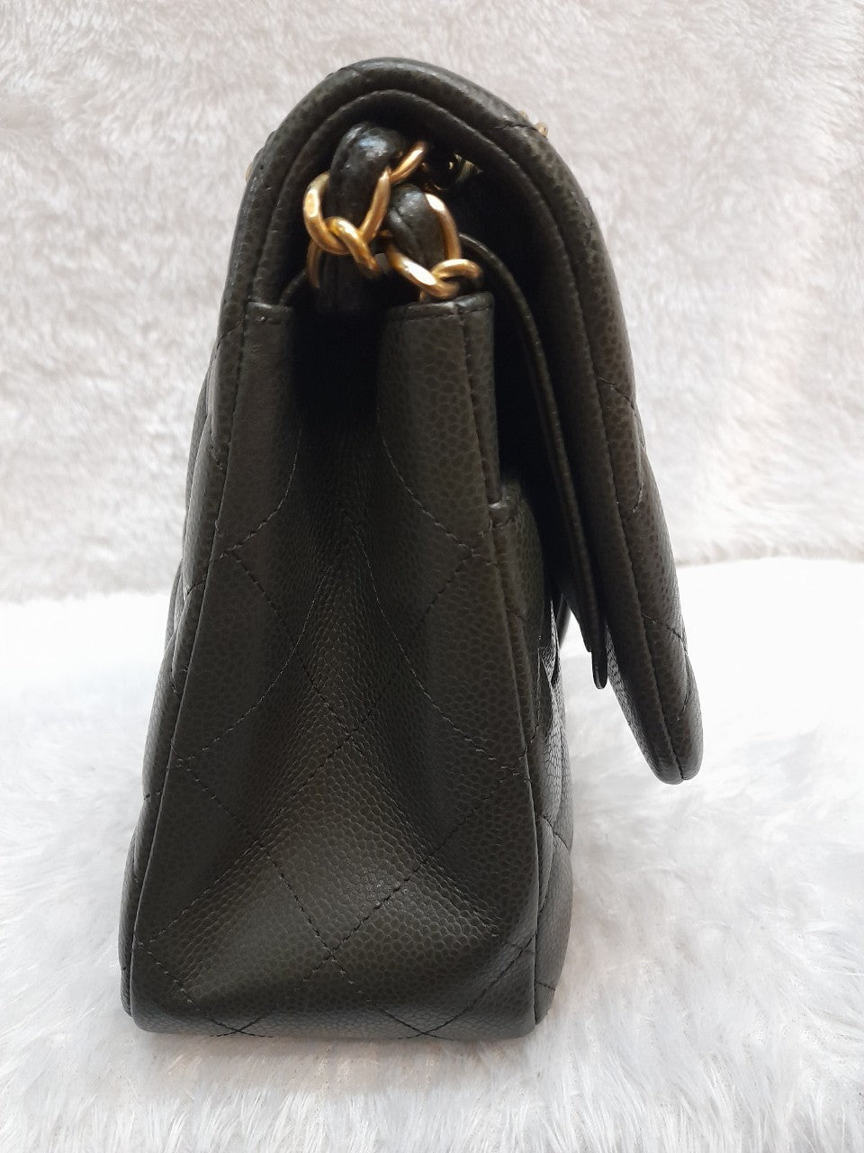 Chanel Jumbo Caviar Olive GHW DF #21. Size 30x19,5x10cm