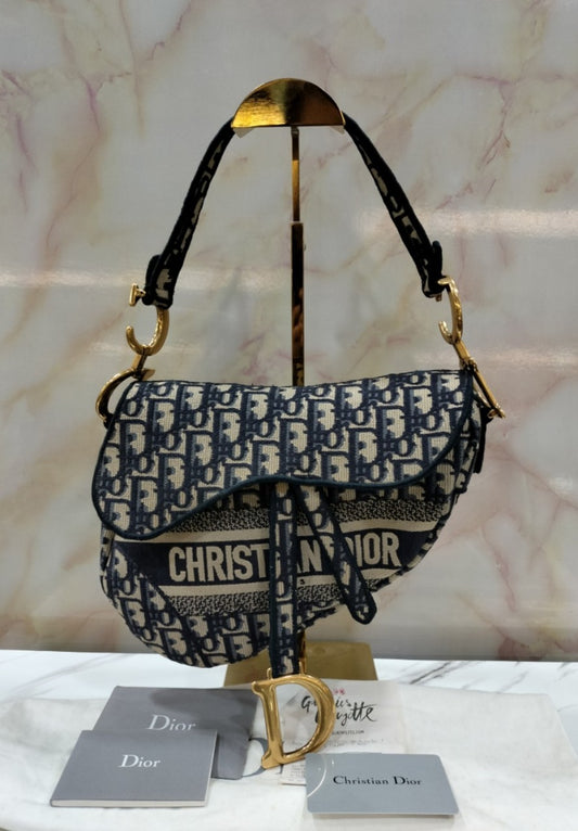 Dior Saddle Medium Oblique Embroidery Navy GHW 2020