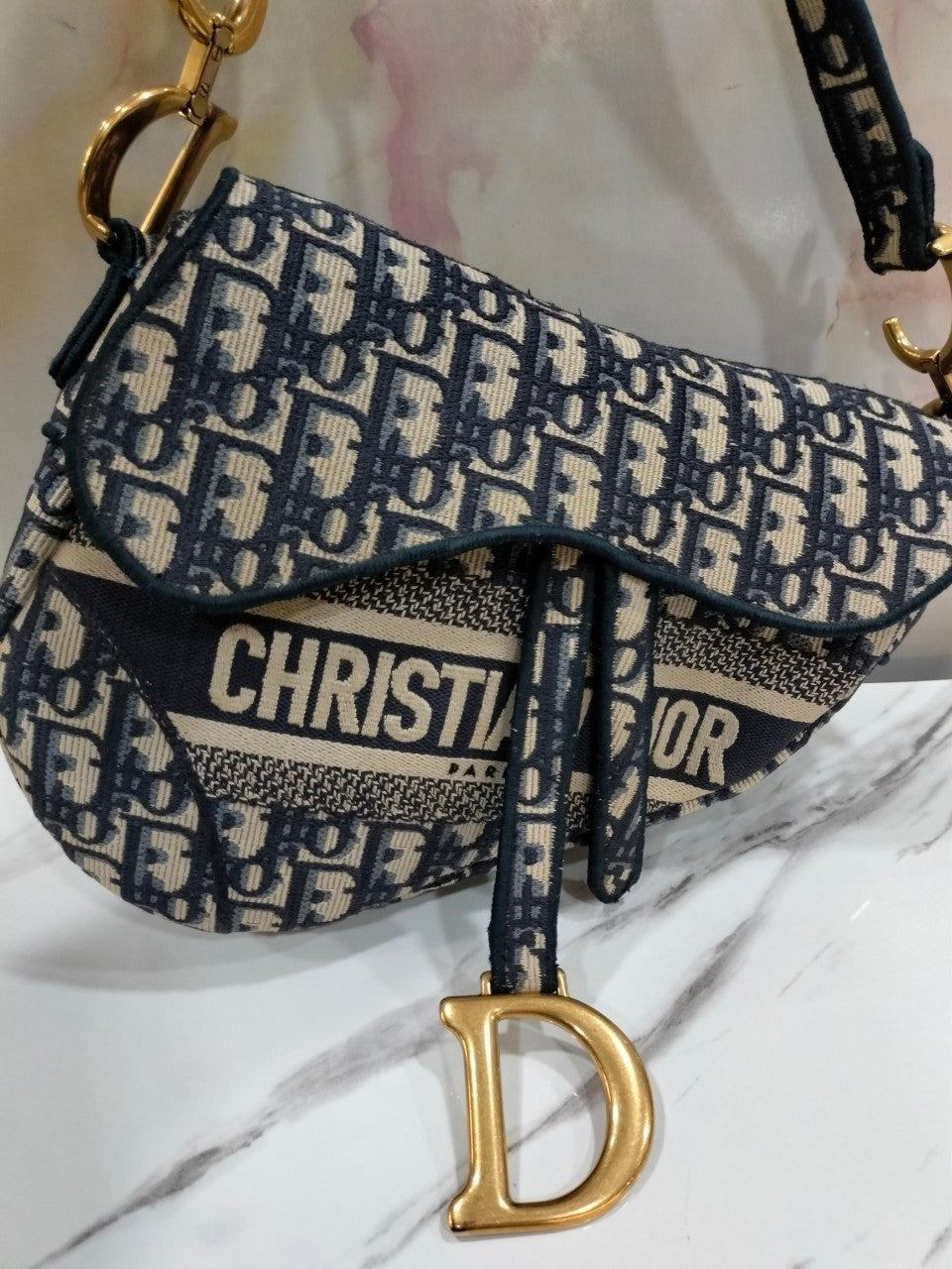 Dior Saddle Medium Oblique Embroidery Navy GHW 2020