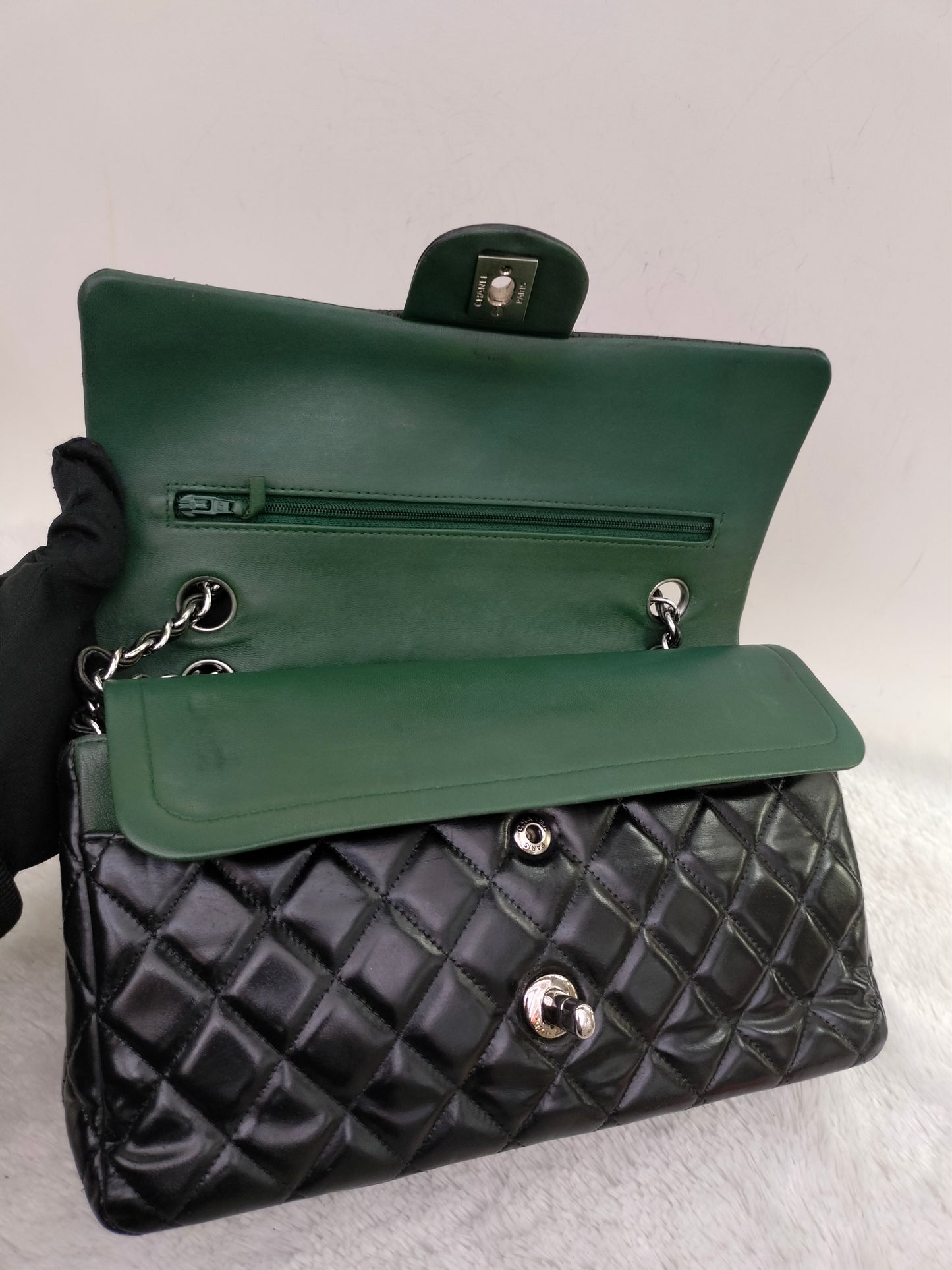 Chanel Medium Patent Black Green SHW DF #15