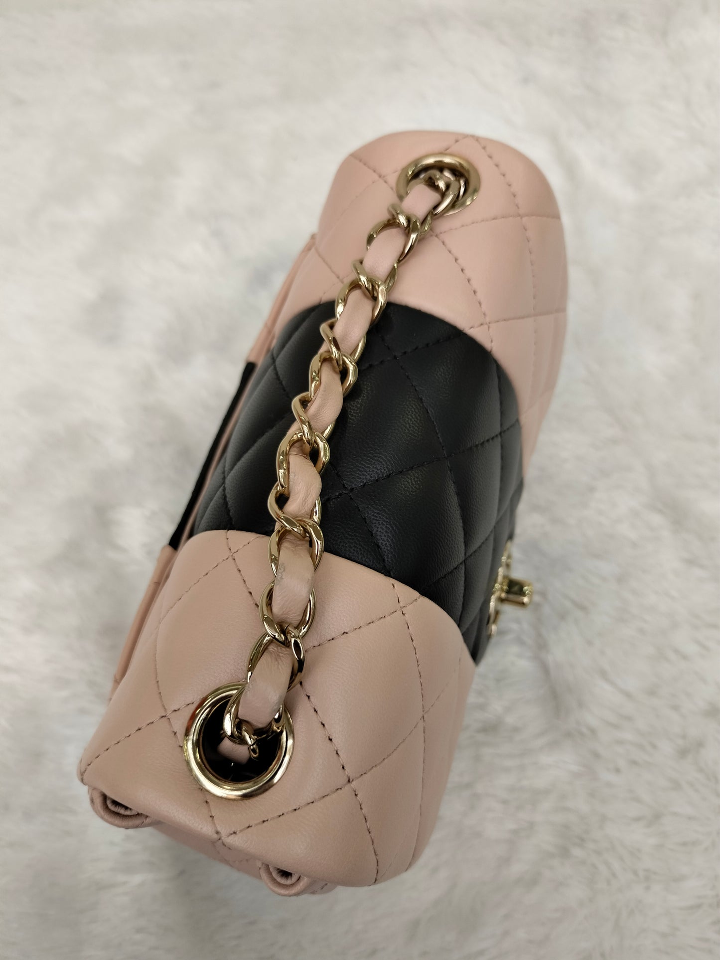 Chanel Mini Square Lamb Beige Black LGHW (CHIP)