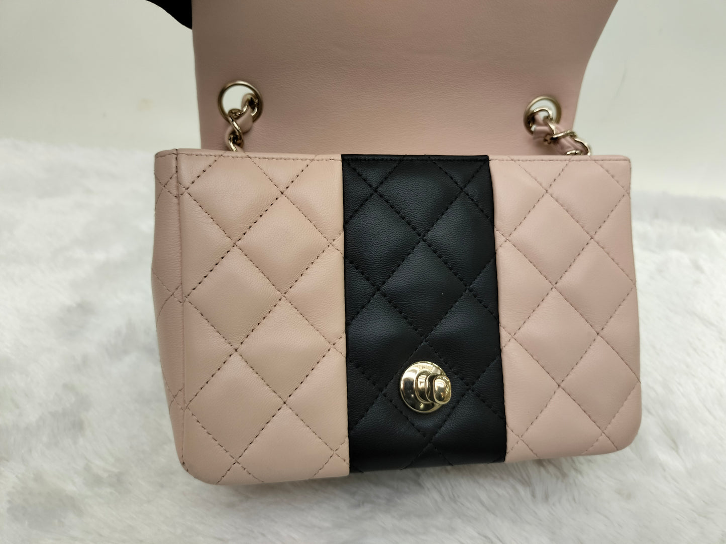 Chanel Mini Square Lamb Beige Black LGHW (CHIP)