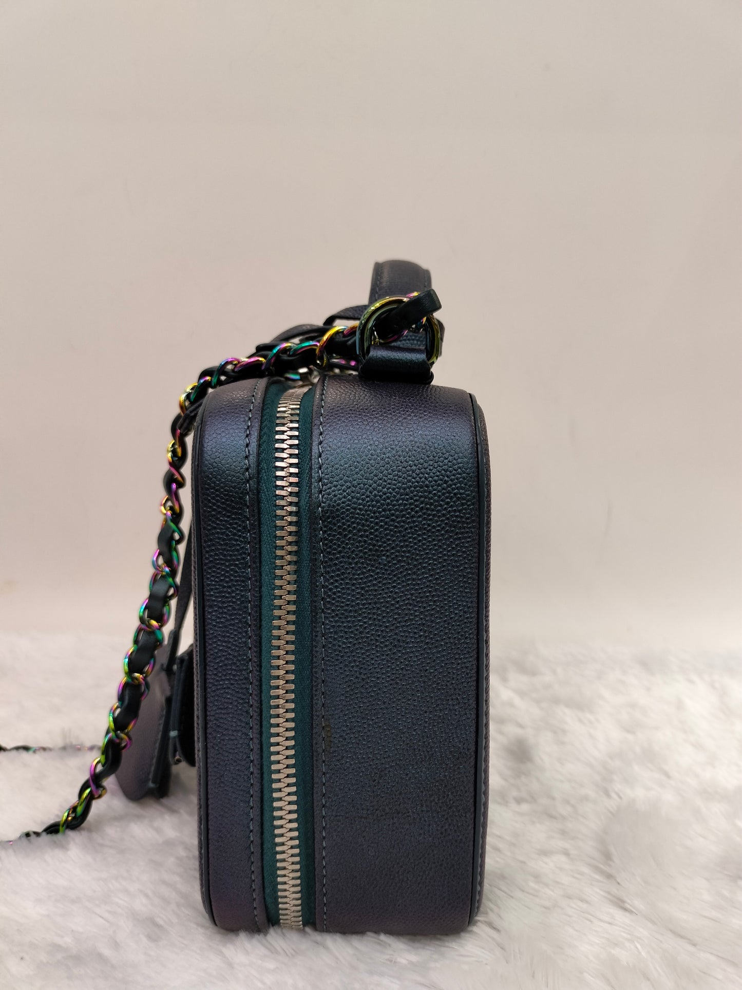 Chanel Filigree Vanity Case Medium Caviar Iridescent Rainbow Dark Turquoise #26
