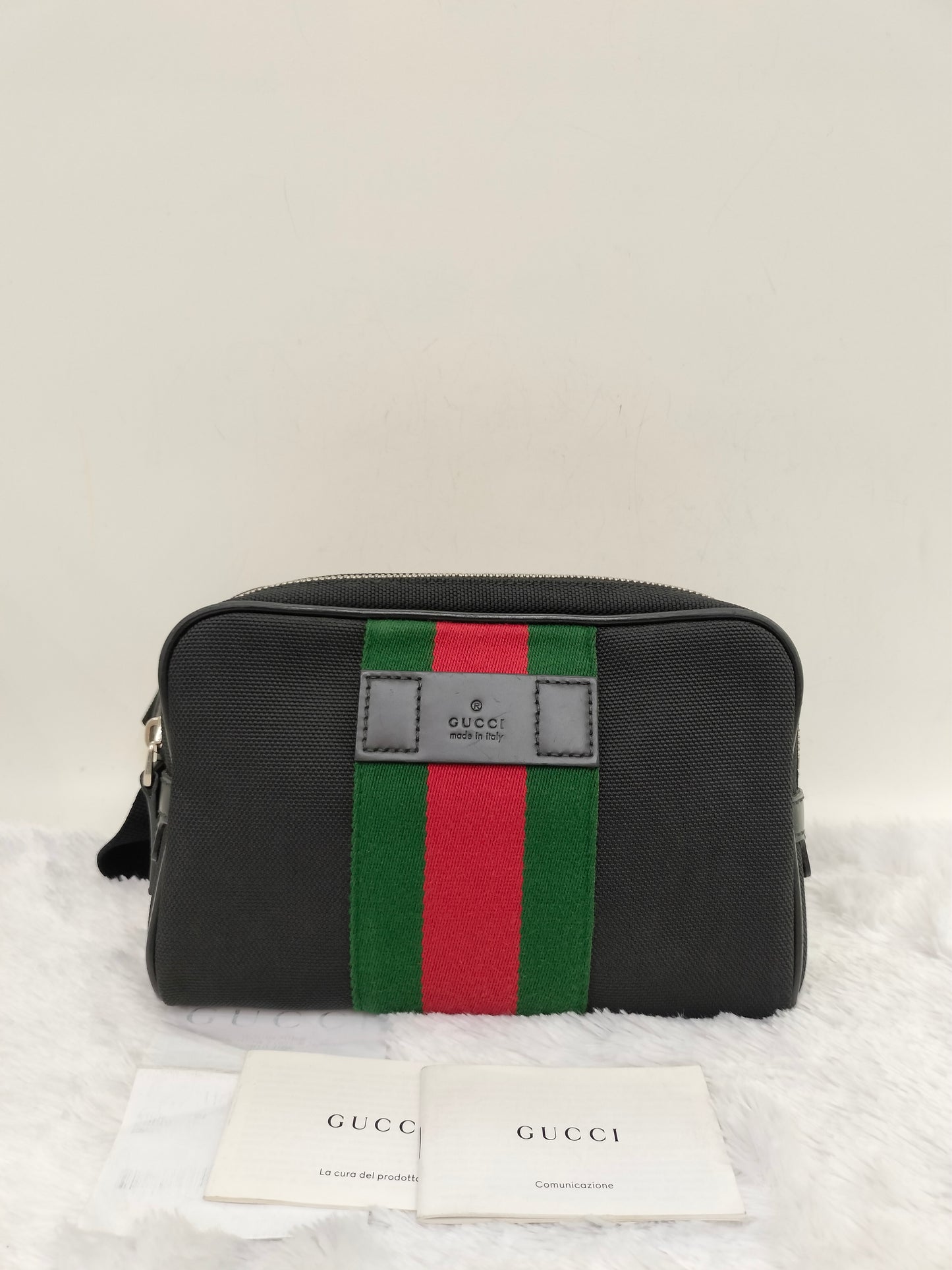 Gucci Techno Web Belt Bag Stripe Canvas Black SHW