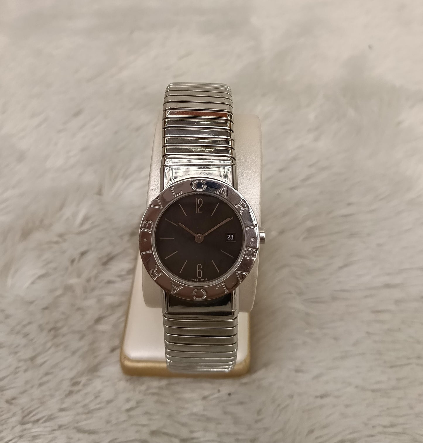 Bvlgari Tubogas Black Dial Ladies Watch Date Quartz Silver