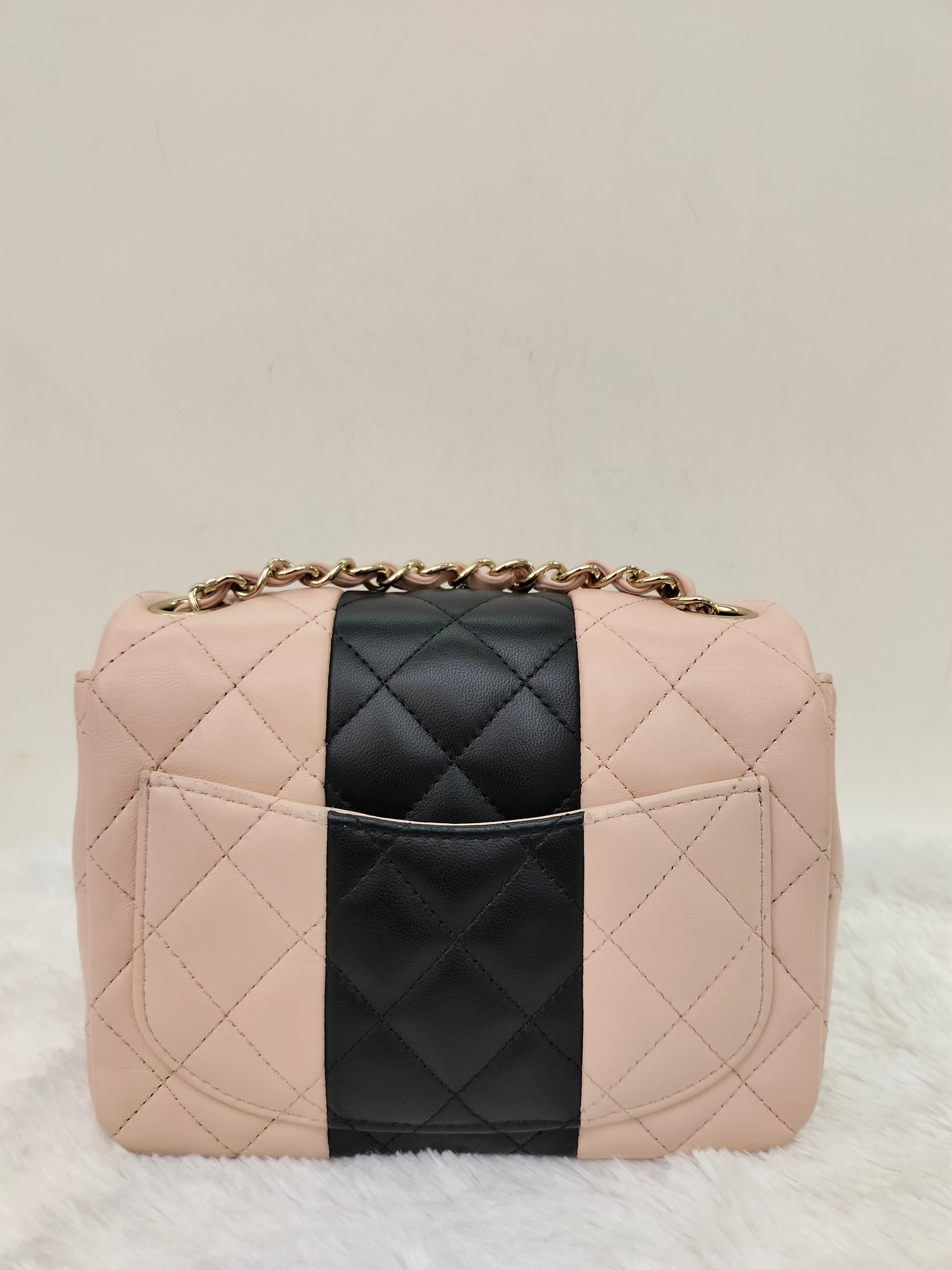 Chanel Mini Square Lamb Beige Black LGHW (CHIP)