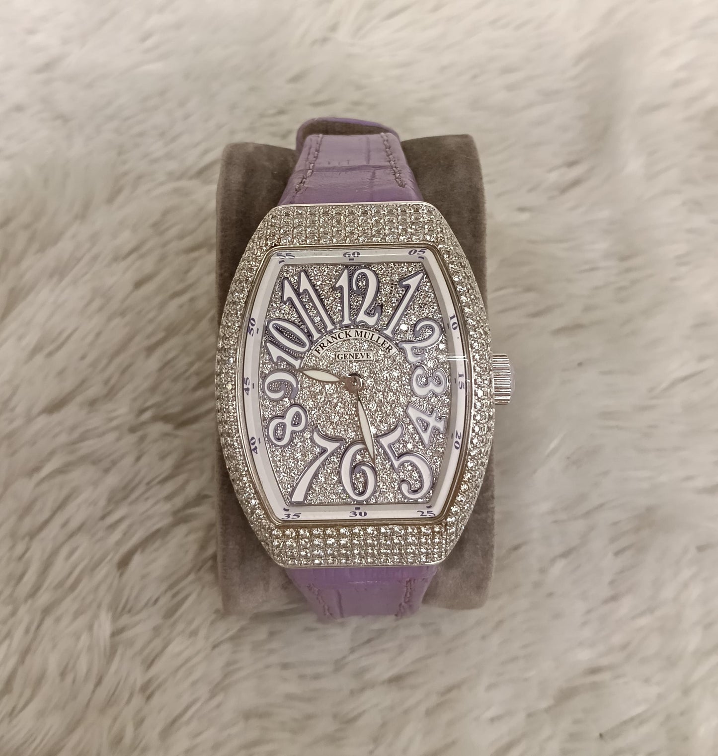 Franck Muller Vanguard Lady Steel Silver Tone Diamond Dial 32mm Purple Alligator strap Automatic Watch