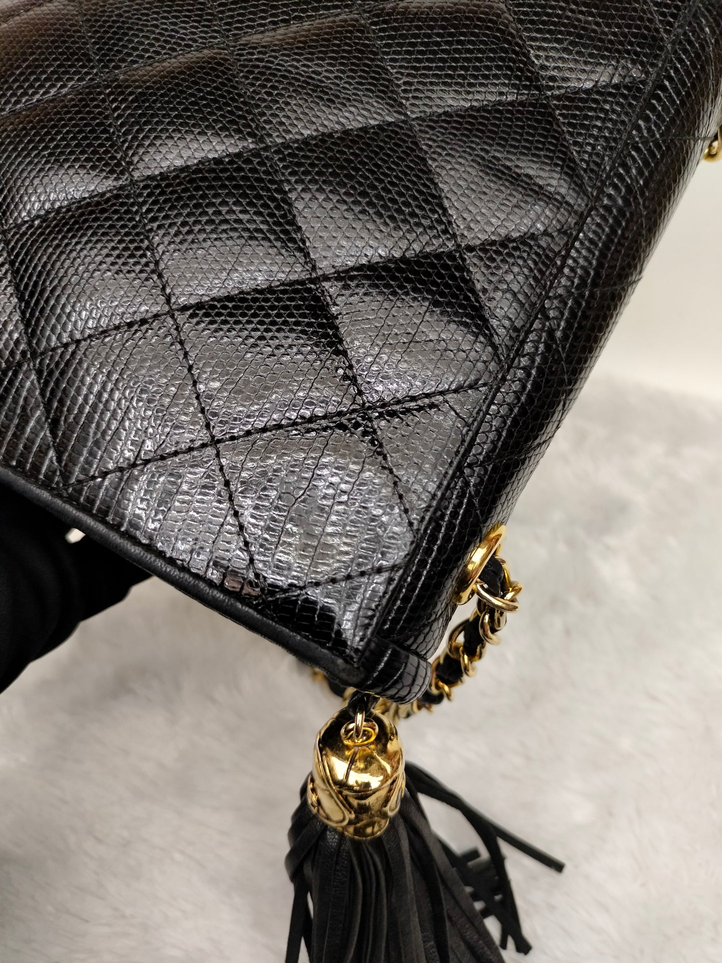 Chanel Shoulder Double Flap Tassel Lizard Black GHW #1
