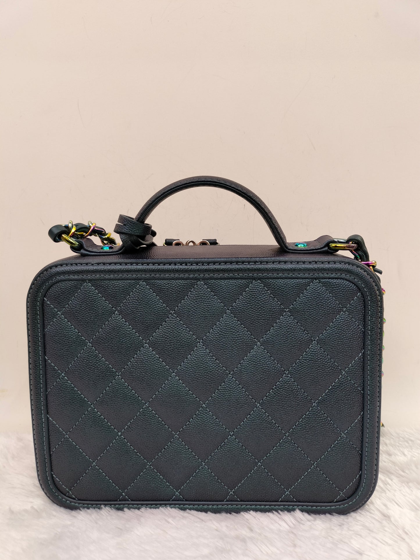 Chanel Filigree Vanity Case Medium Caviar Iridescent Rainbow Dark Turquoise #26
