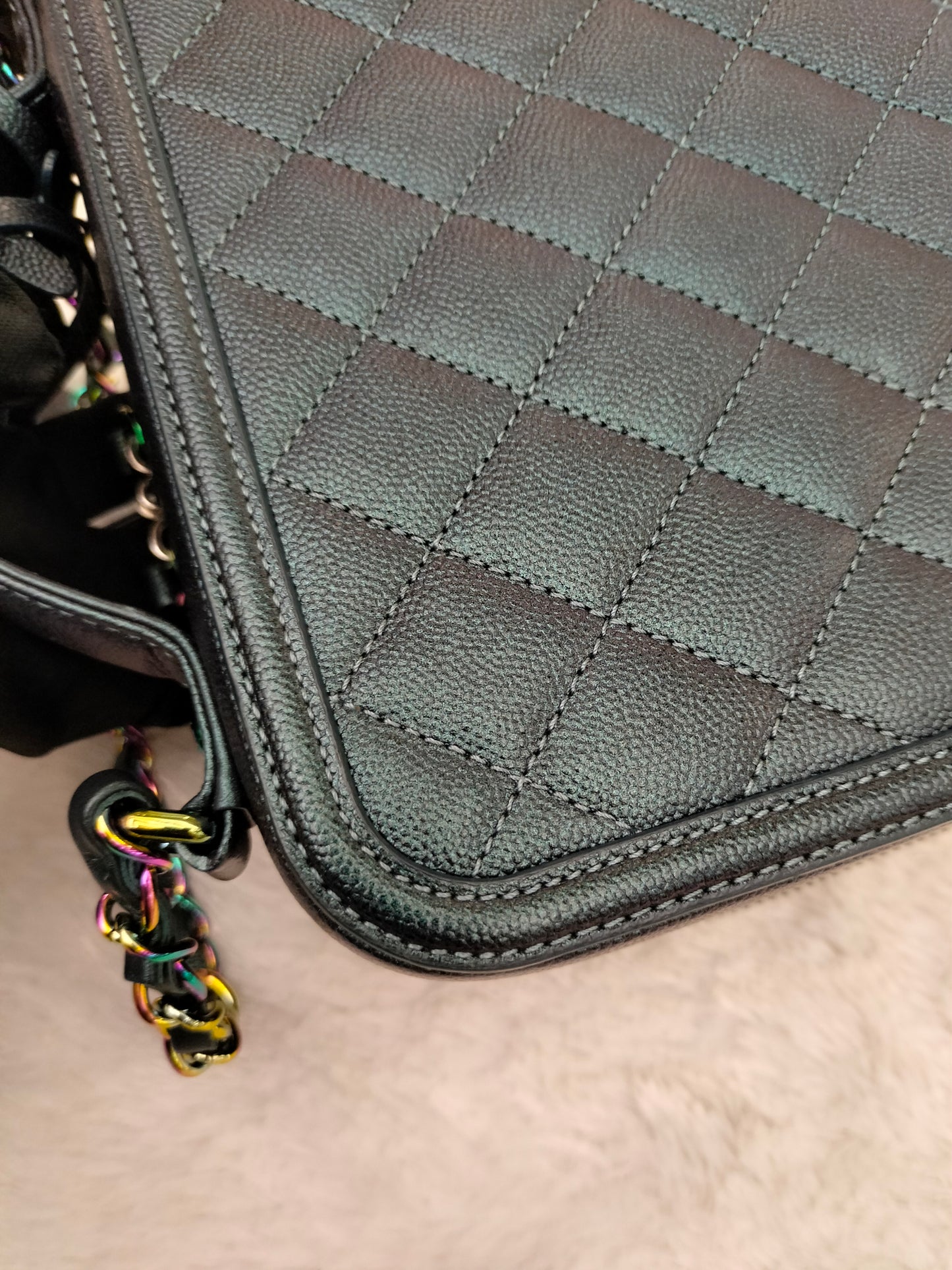 Chanel Filigree Vanity Case Medium Caviar Iridescent Rainbow Dark Turquoise #26