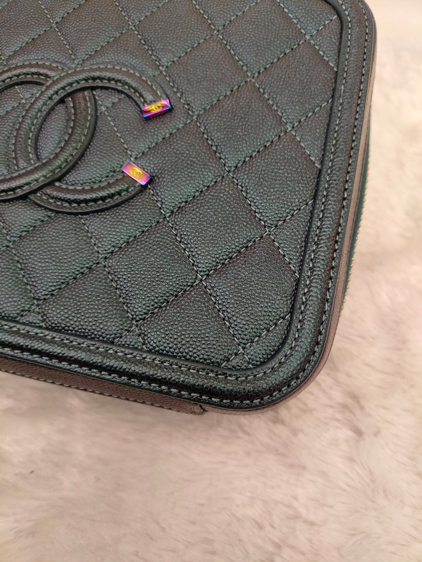 Chanel Filigree Vanity Case Medium Caviar Iridescent Rainbow Dark Turquoise #26