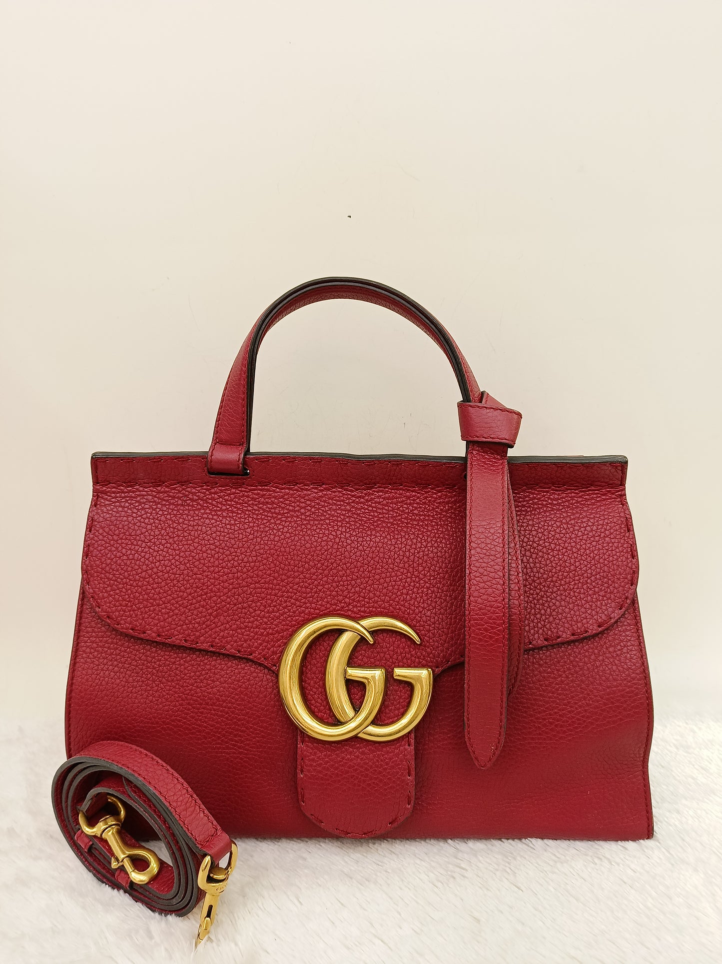 Gucci Top Handle Medium Marmont Grained Red GHW