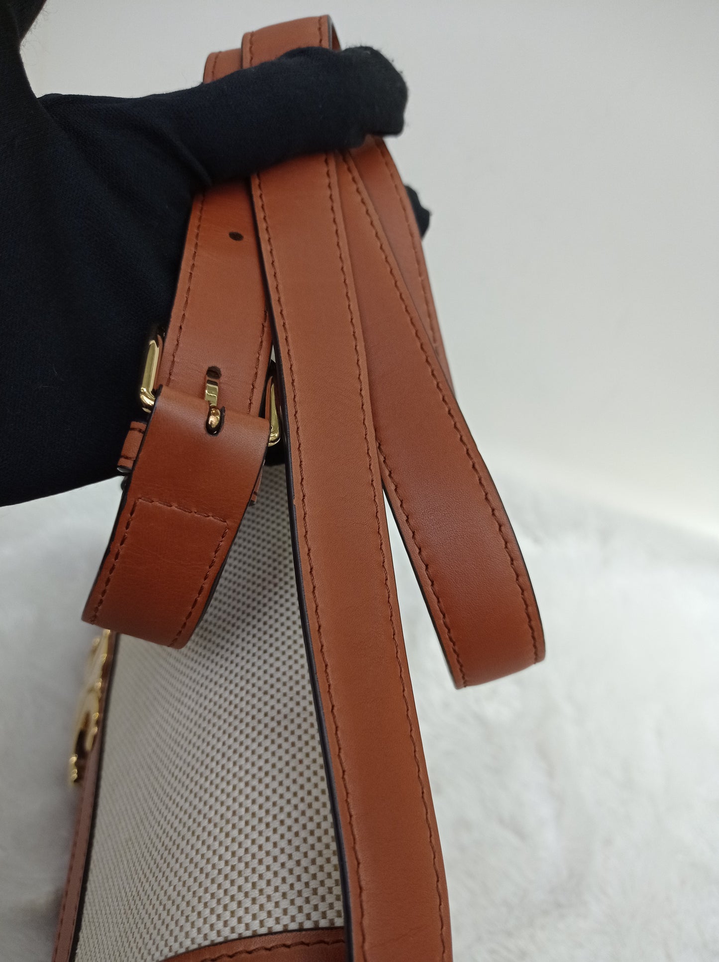 Celine Triomphe Canvas White Tan GHW 2019