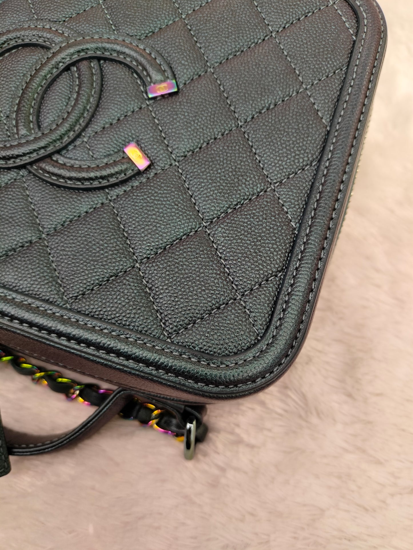 Chanel Filigree Vanity Case Medium Caviar Iridescent Rainbow Dark Turquoise #26