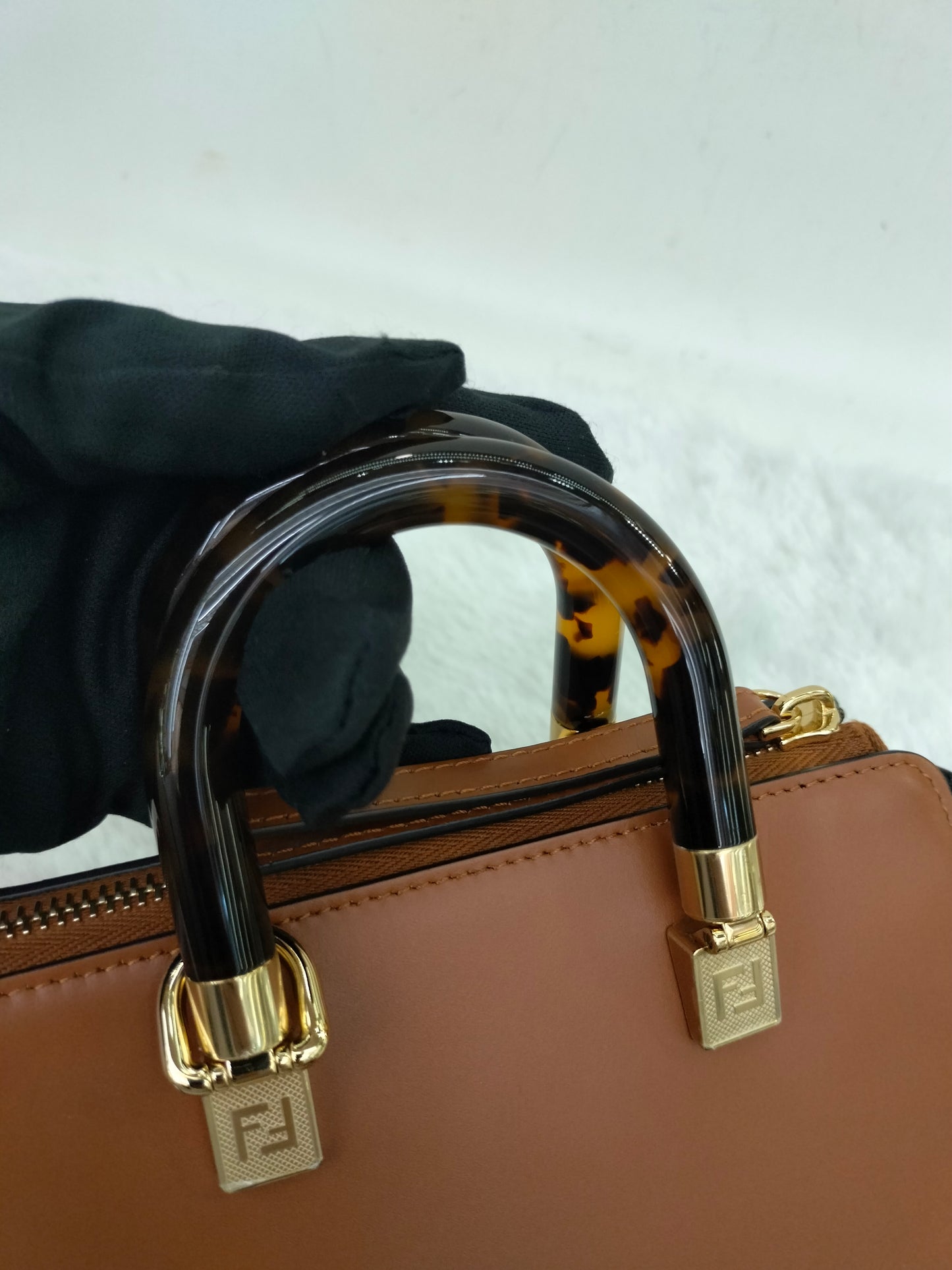 Fendi BTW Mini Embossed Logo Brown Handle Tortois GHW