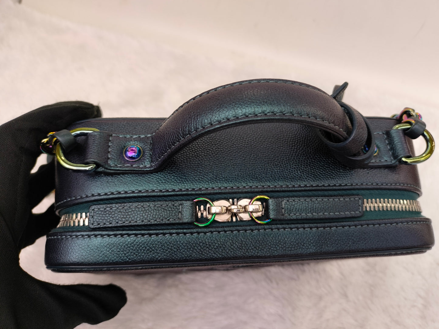 Chanel Filigree Vanity Case Medium Caviar Iridescent Rainbow Dark Turquoise #26
