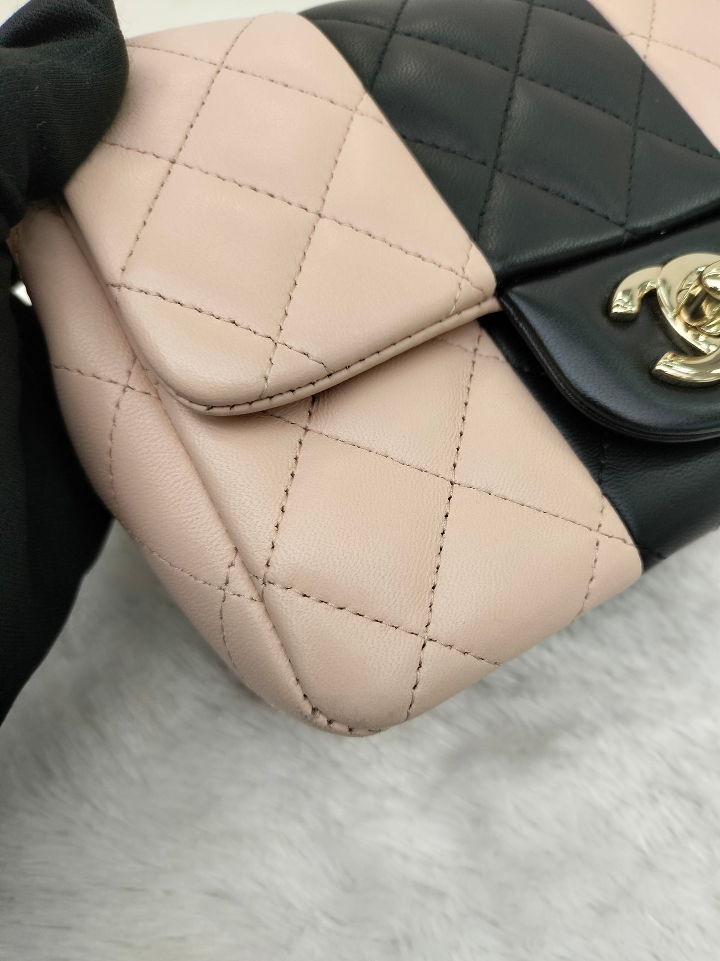 Chanel Mini Square Lamb Beige Black LGHW (CHIP)