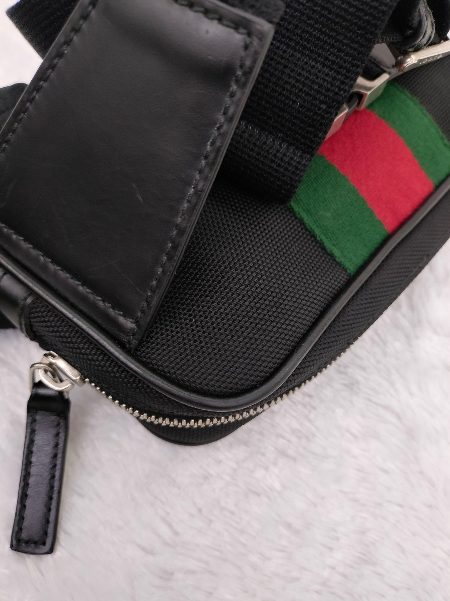 Gucci Techno Web Belt Bag Stripe Canvas Black SHW
