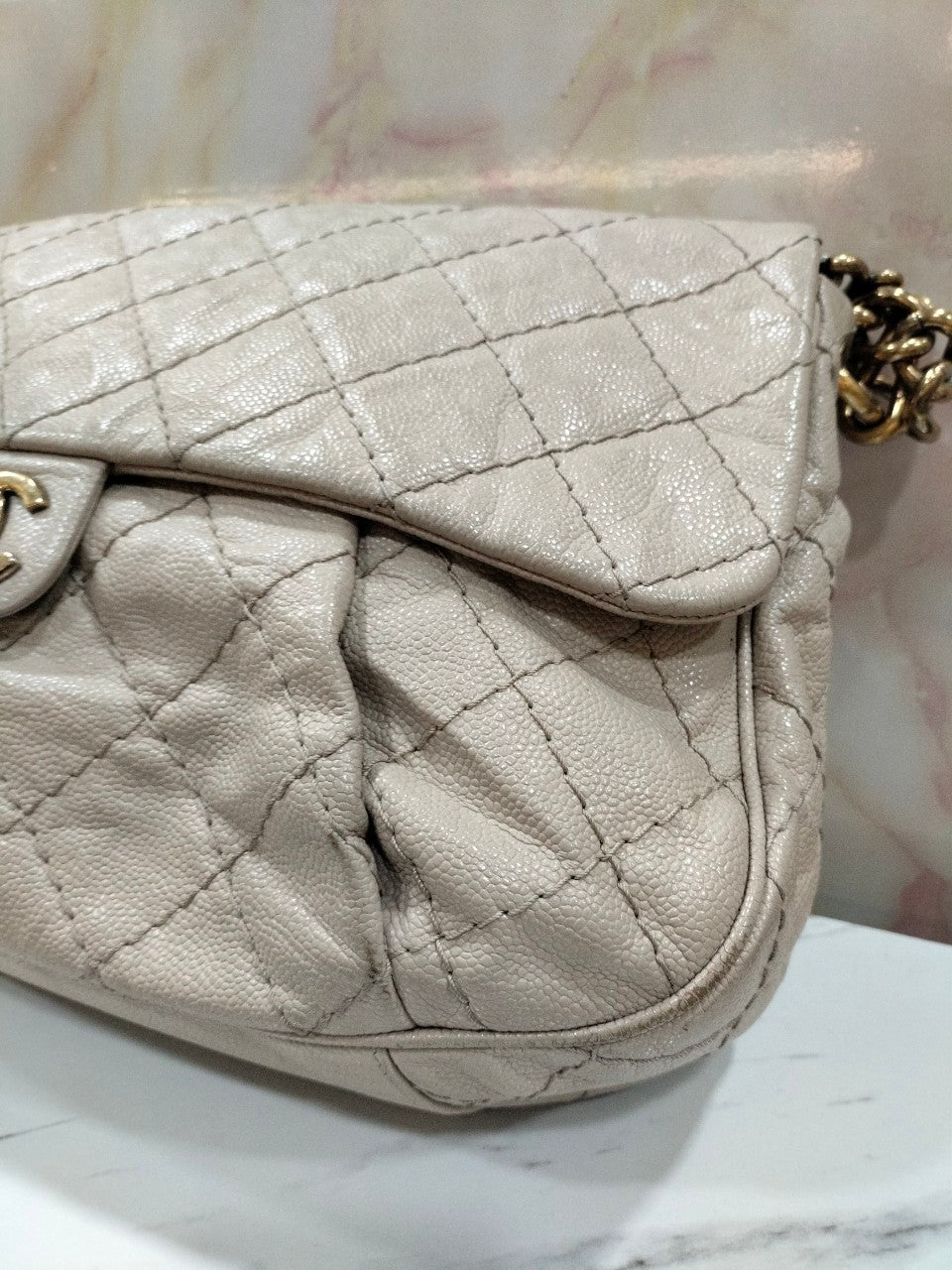 Chanel Coco Pleats Flap Messenger Caviar Beige #17 Size 50x35x7cm