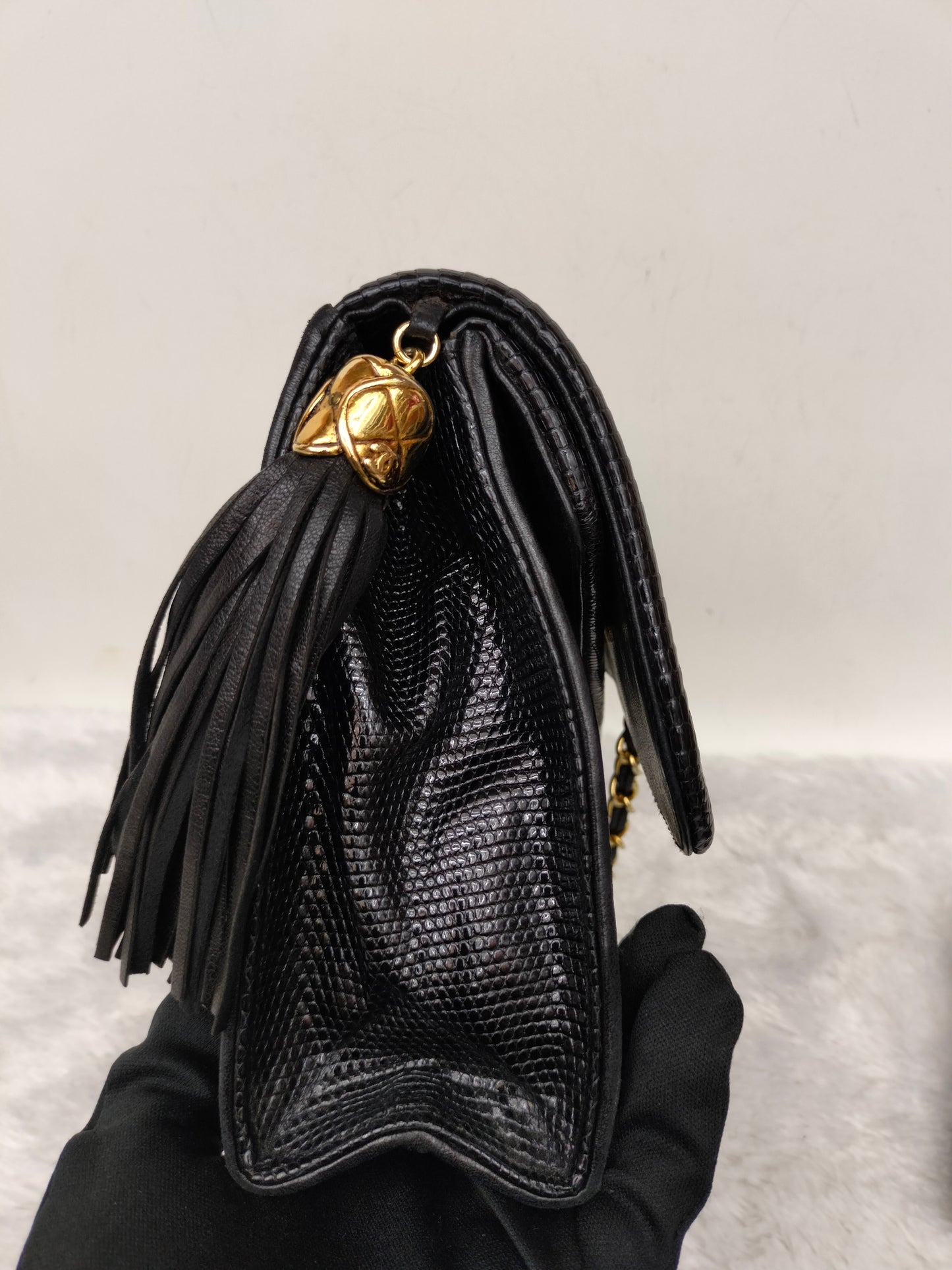 Chanel Shoulder Double Flap Tassel Lizard Black GHW #1