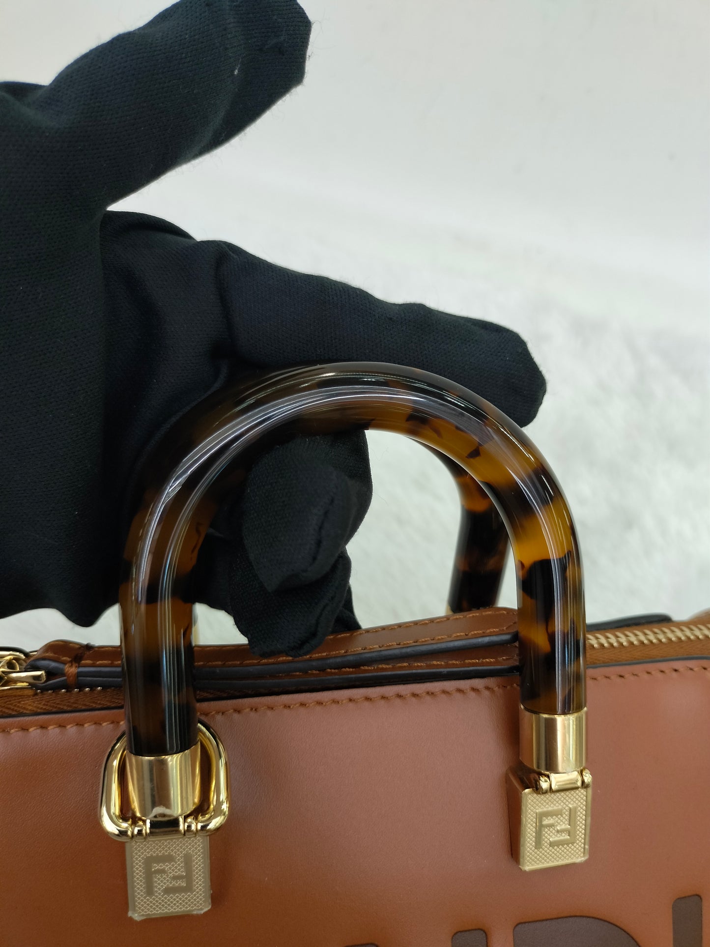 Fendi BTW Mini Embossed Logo Brown Handle Tortois GHW