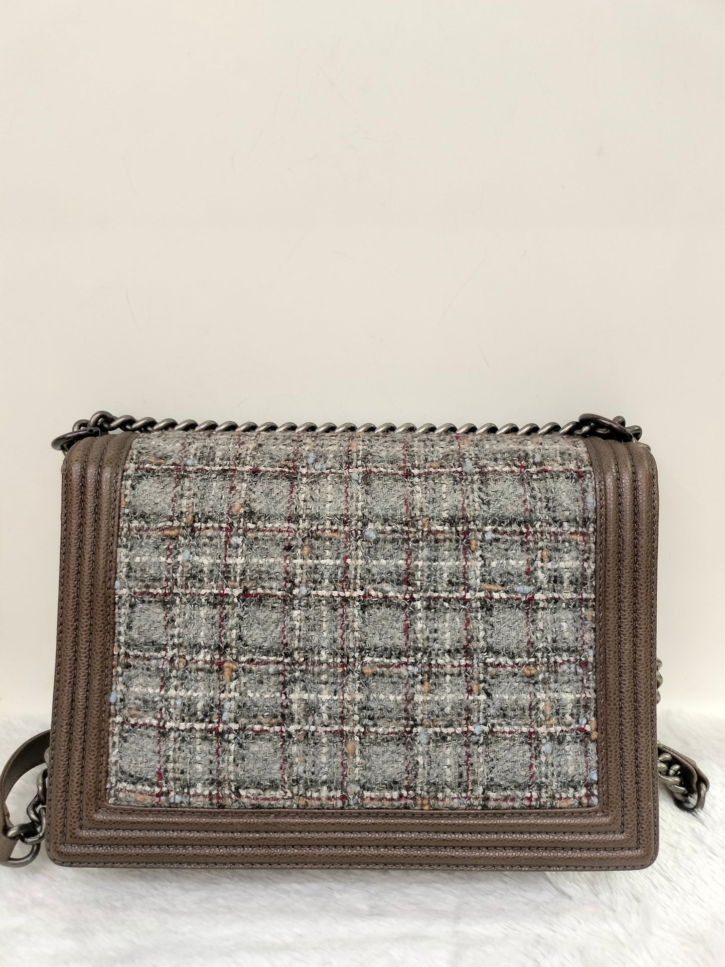 Chanel Boy Large Tweed Calfskin Brown RHW #18