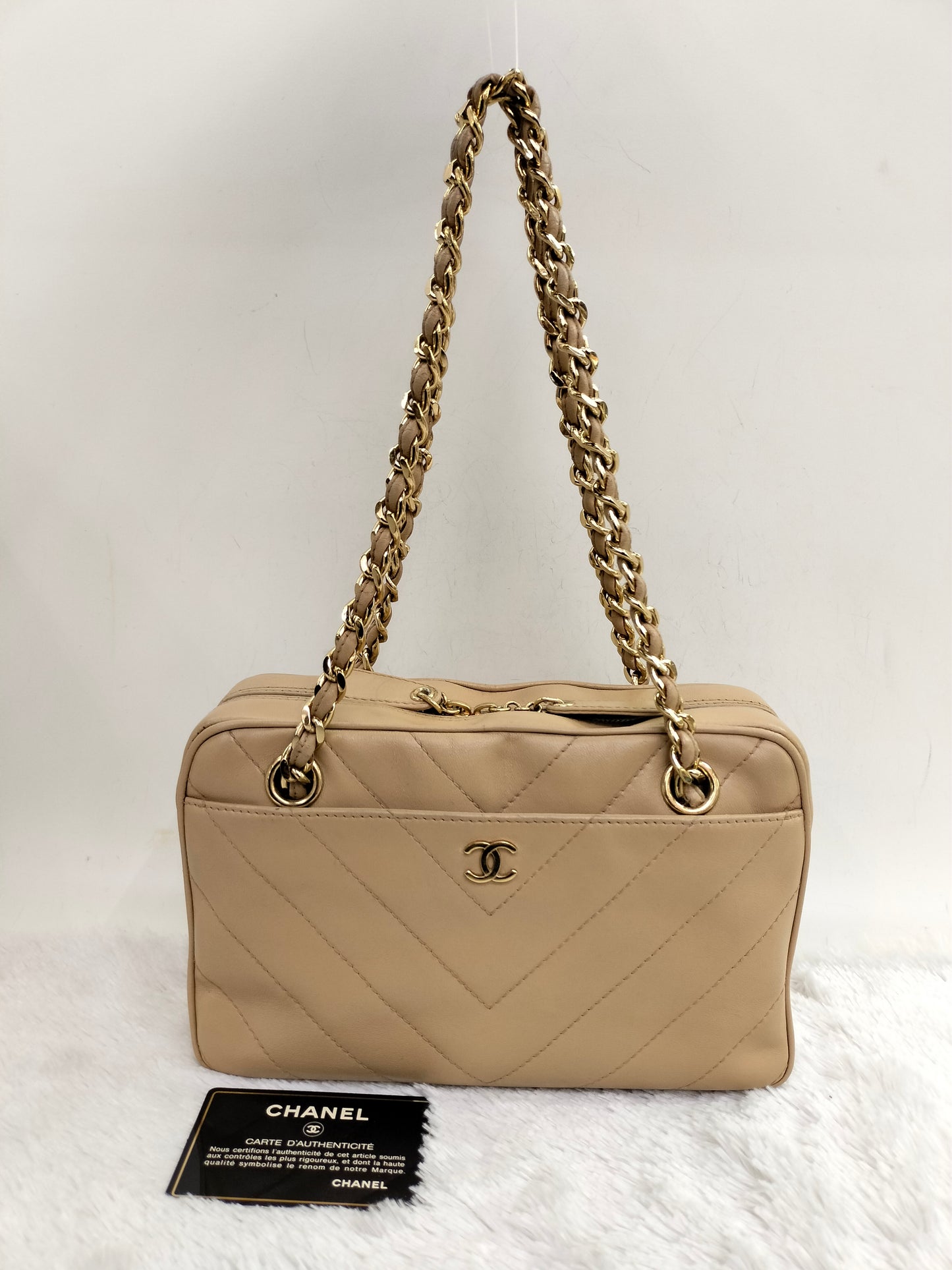 Chanel Camera Chevron Lamb Beige GHW #6