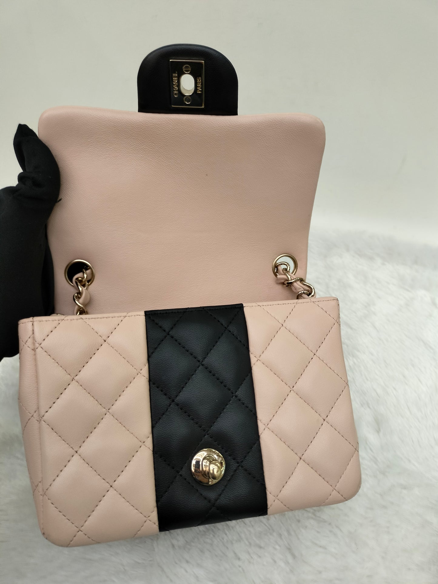 Chanel Mini Square Lamb Beige Black LGHW (CHIP)