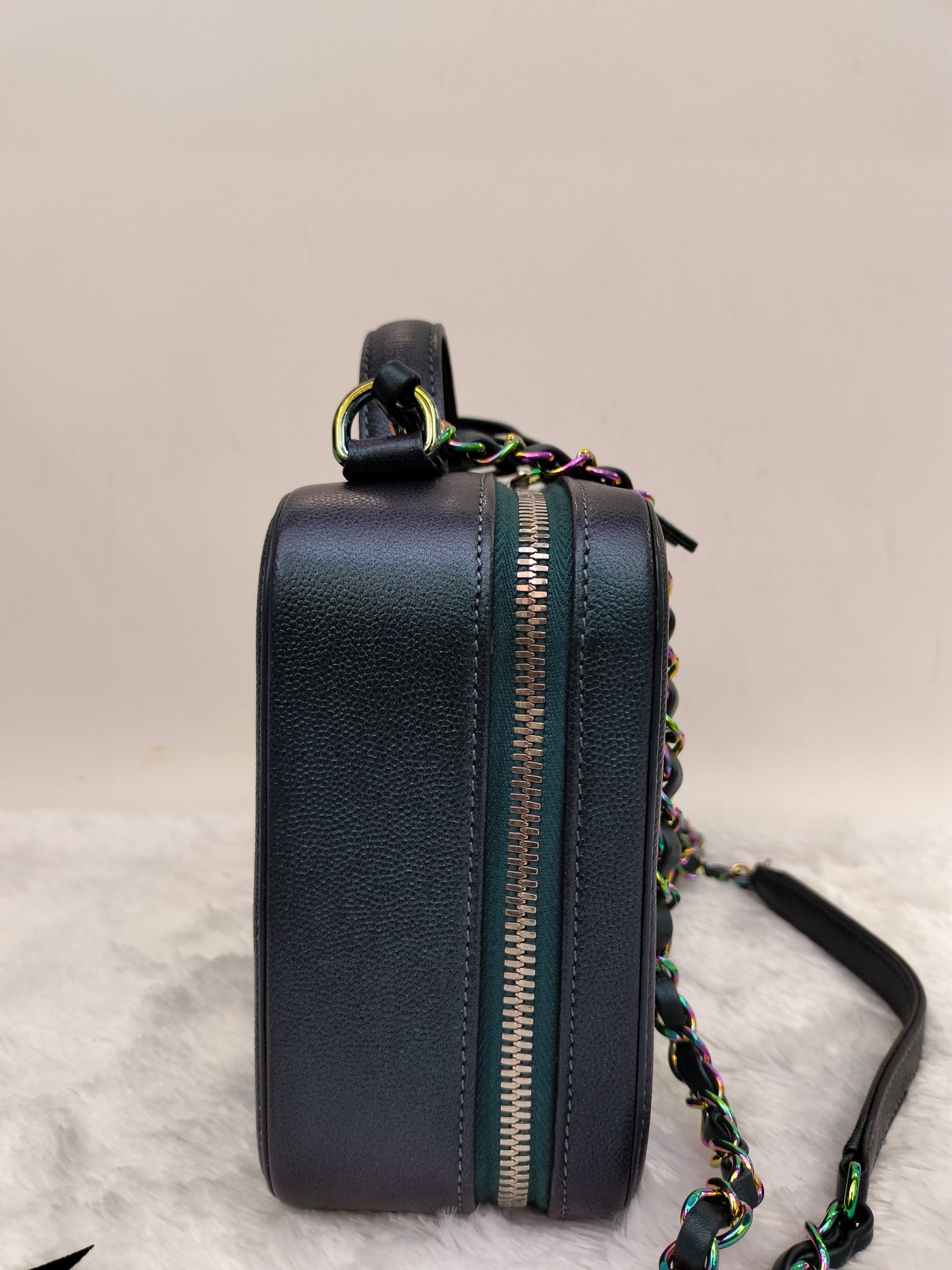 Chanel Filigree Vanity Case Medium Caviar Iridescent Rainbow Dark Turquoise #26