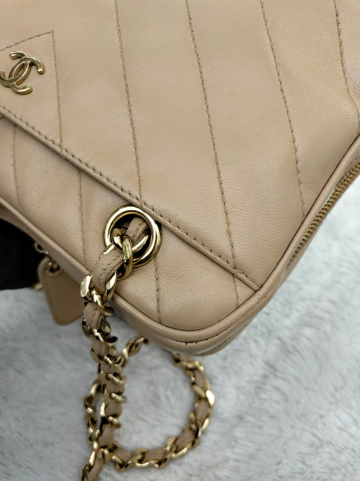 Chanel Camera Chevron Lamb Beige GHW #6