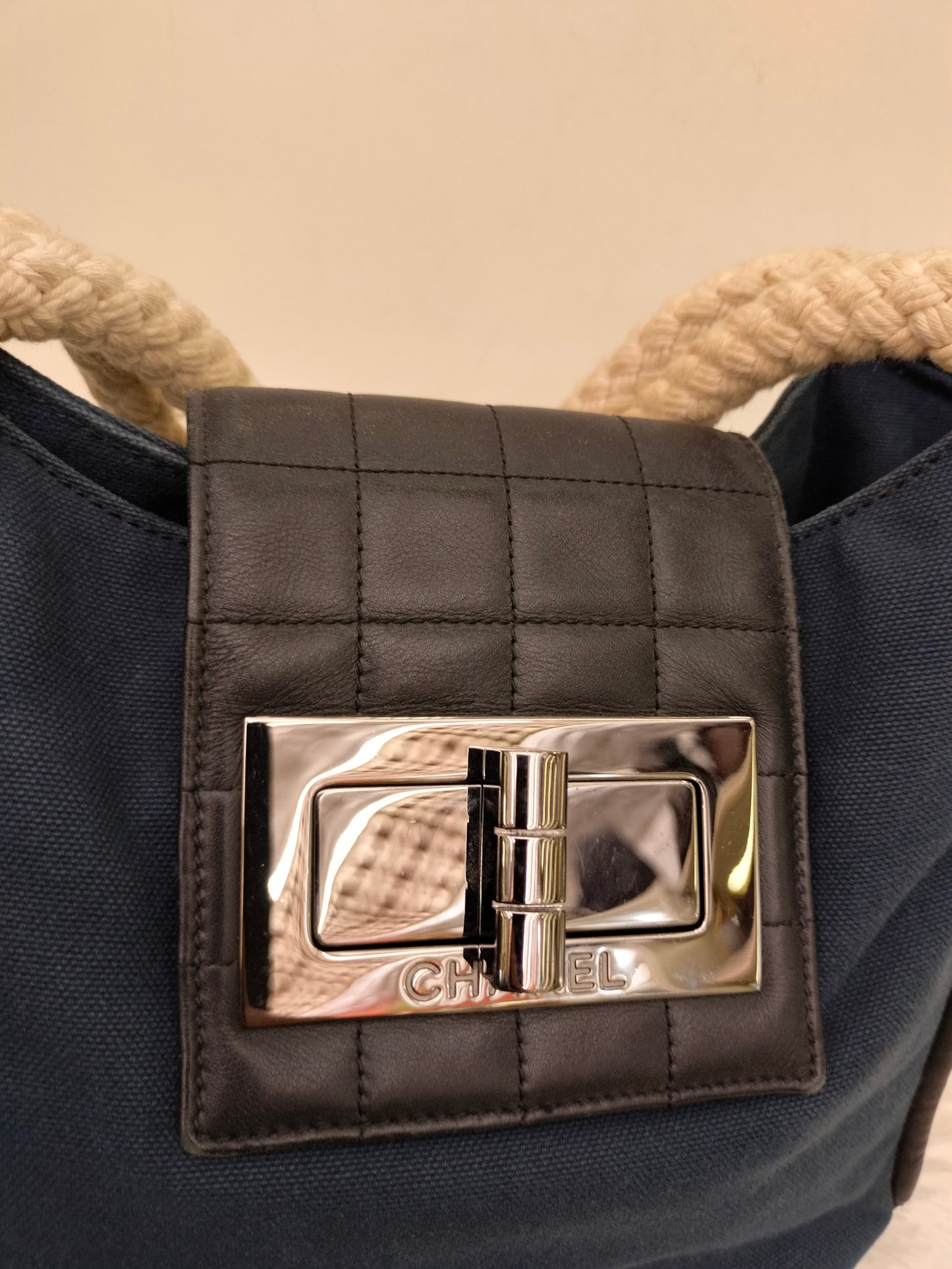 Chanel Mademoiselle Cruise Reissue Tote Canvas Blue White Black SHW #9