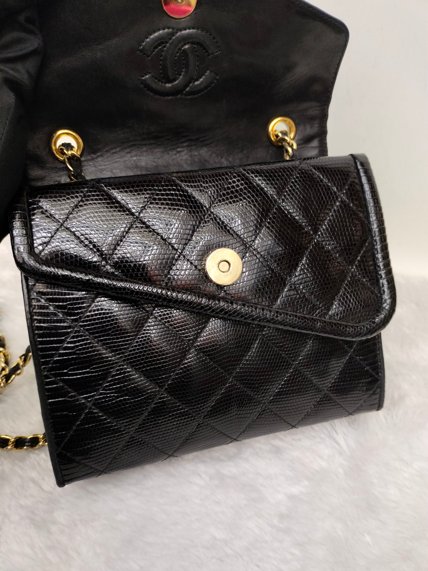 Chanel Shoulder Double Flap Tassel Lizard Black GHW #1