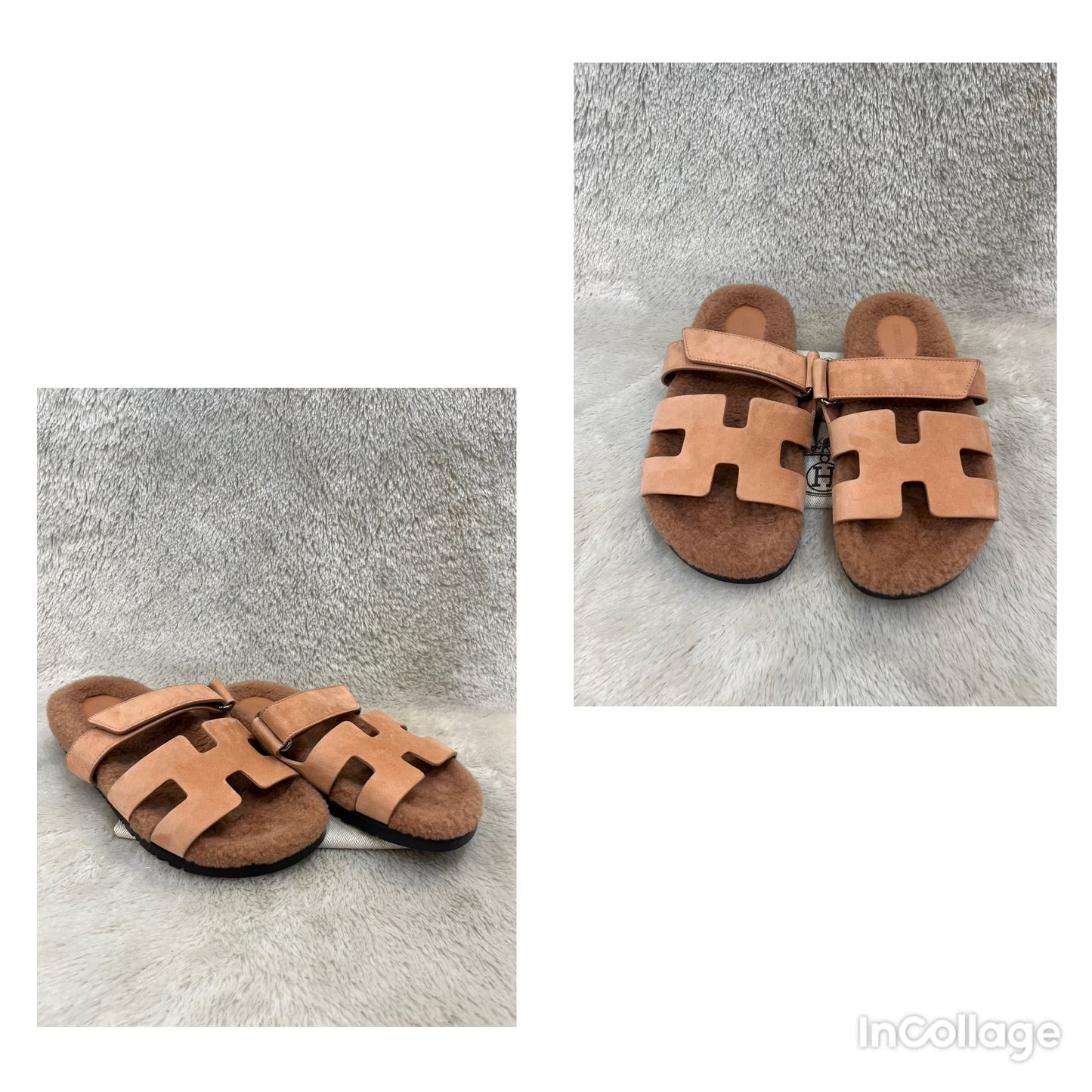 Hermes Chypre Sandals Shearling Rose Aube Size 38½