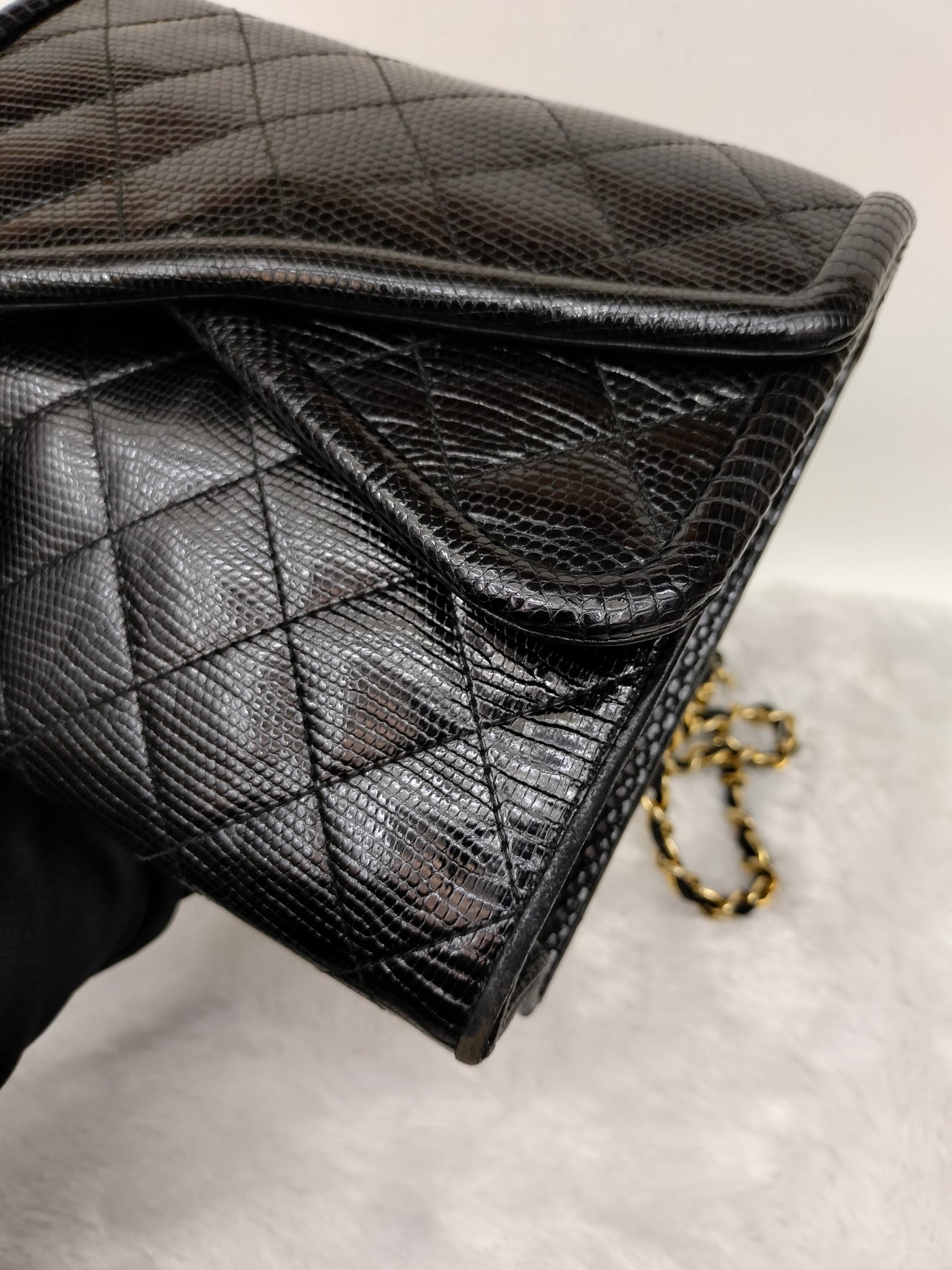 Chanel Shoulder Double Flap Tassel Lizard Black GHW #1