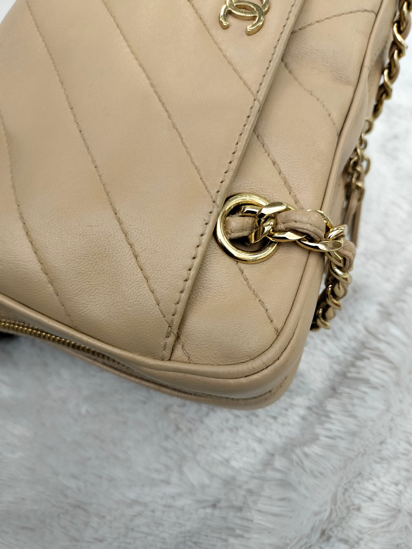 Chanel Camera Chevron Lamb Beige GHW #6