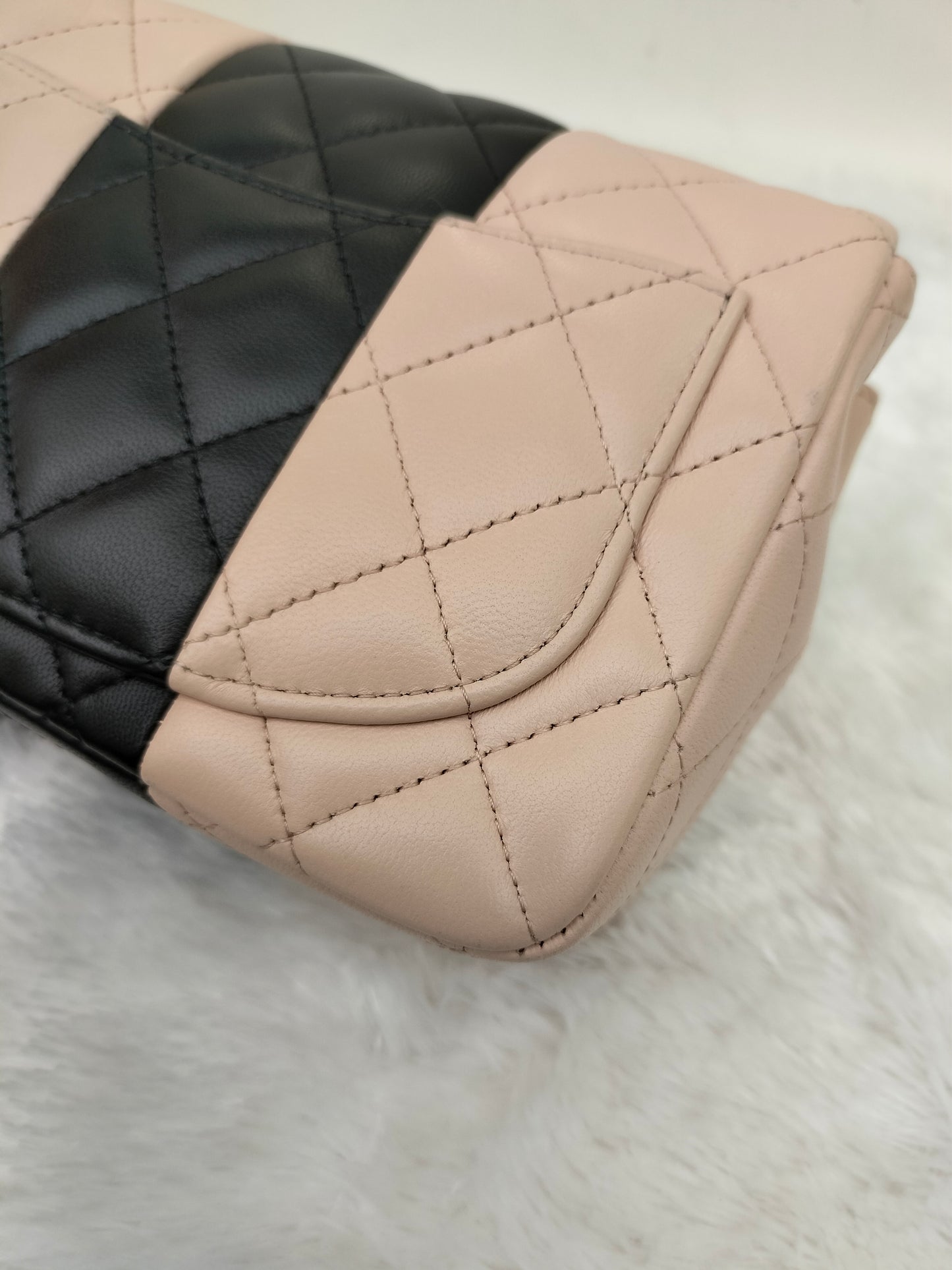 Chanel Mini Square Lamb Beige Black LGHW (CHIP)