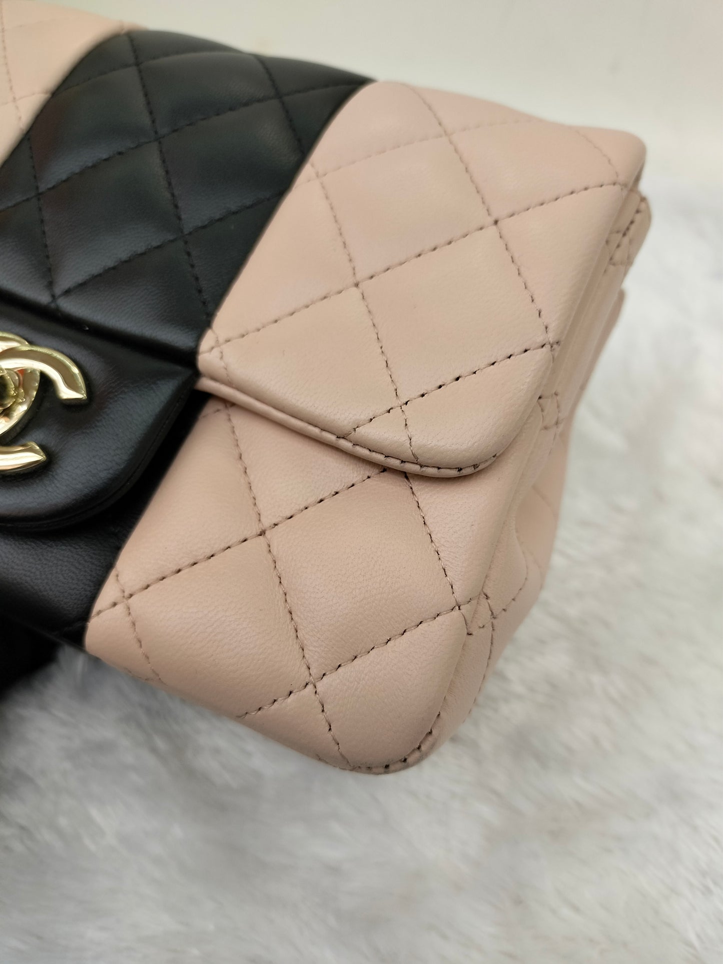 Chanel Mini Square Lamb Beige Black LGHW (CHIP)