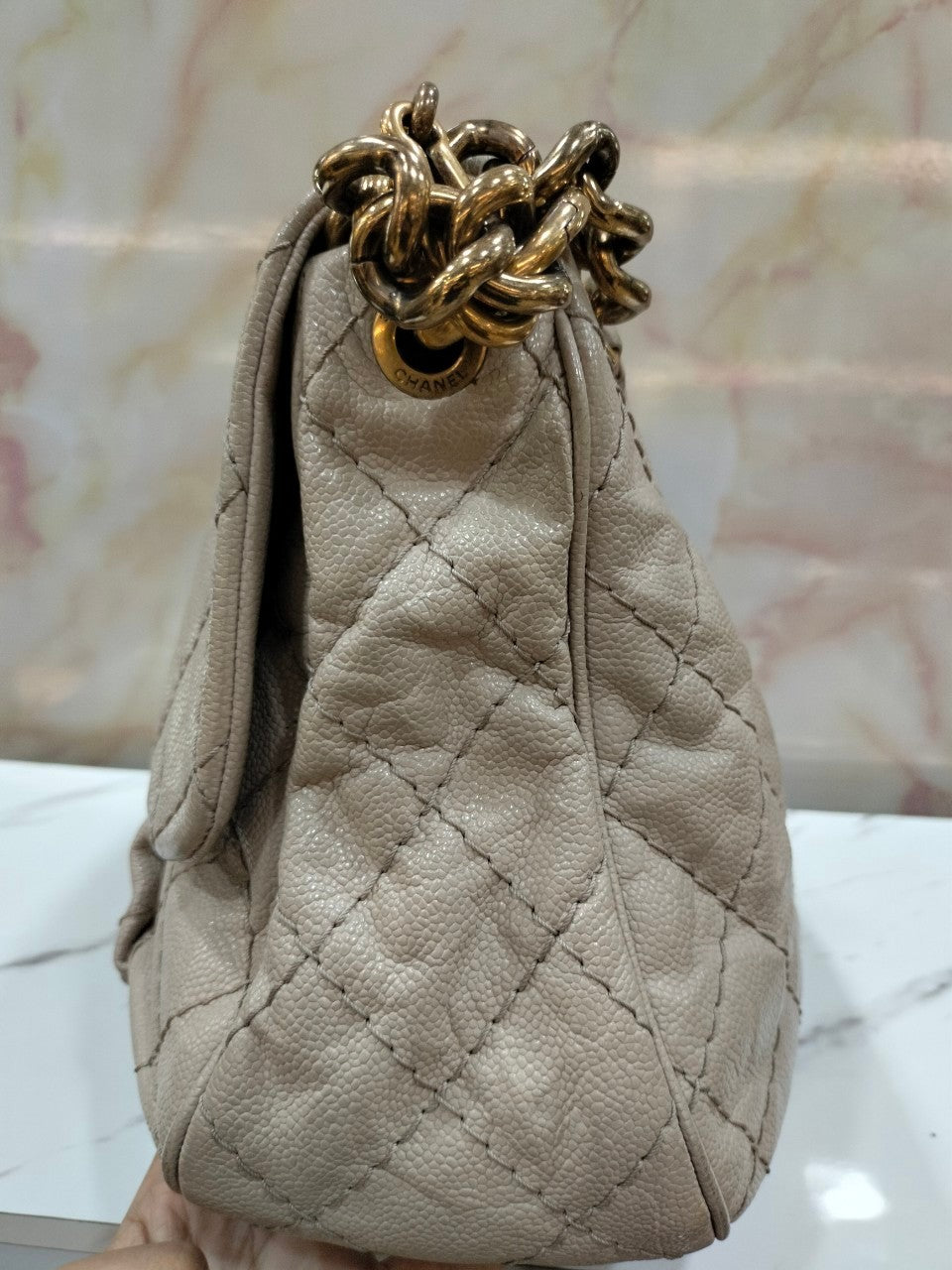 Chanel Coco Pleats Flap Messenger Caviar Beige #17 Size 50x35x7cm