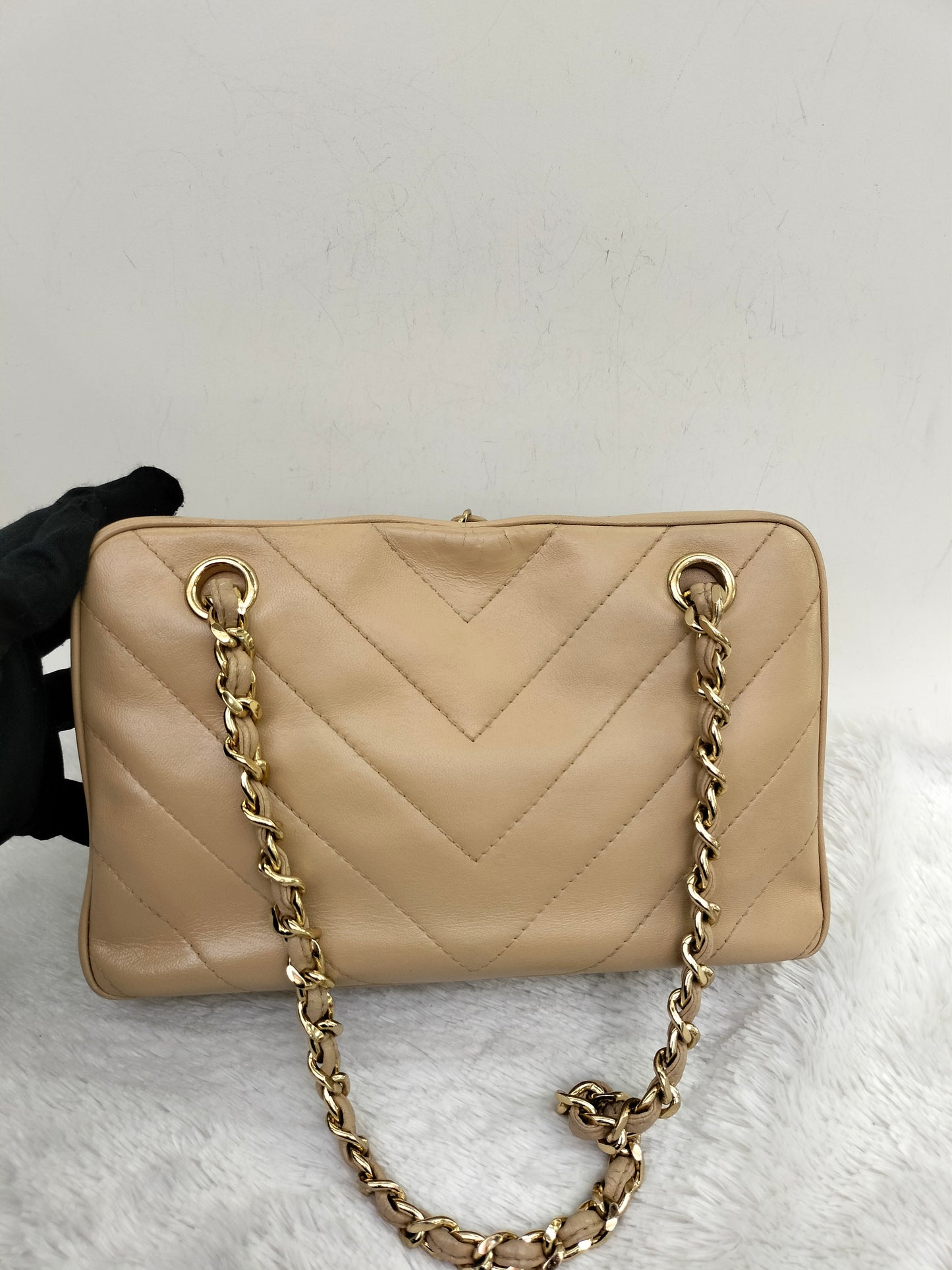 Chanel Camera Chevron Lamb Beige GHW #6