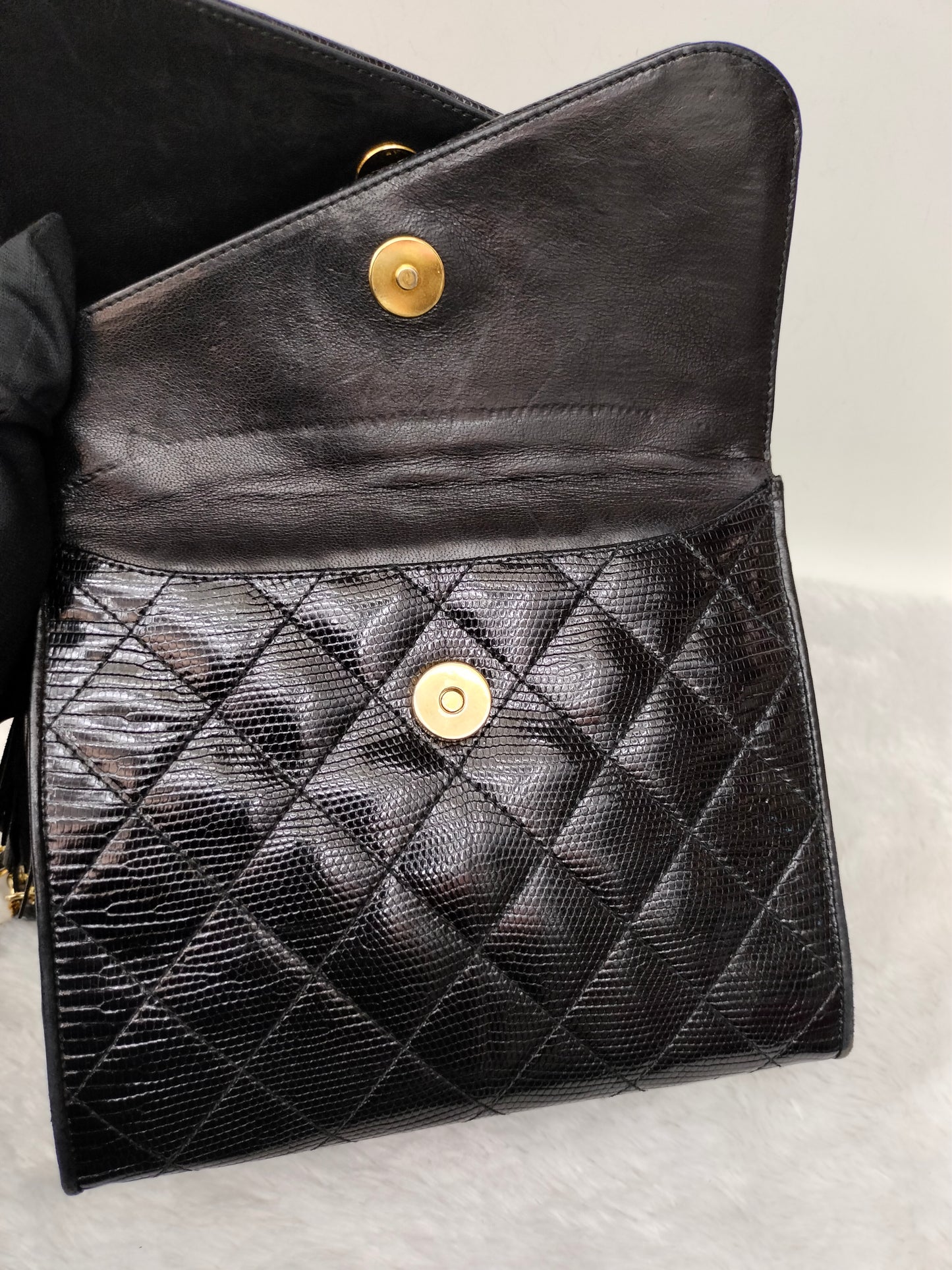 Chanel Shoulder Double Flap Tassel Lizard Black GHW #1