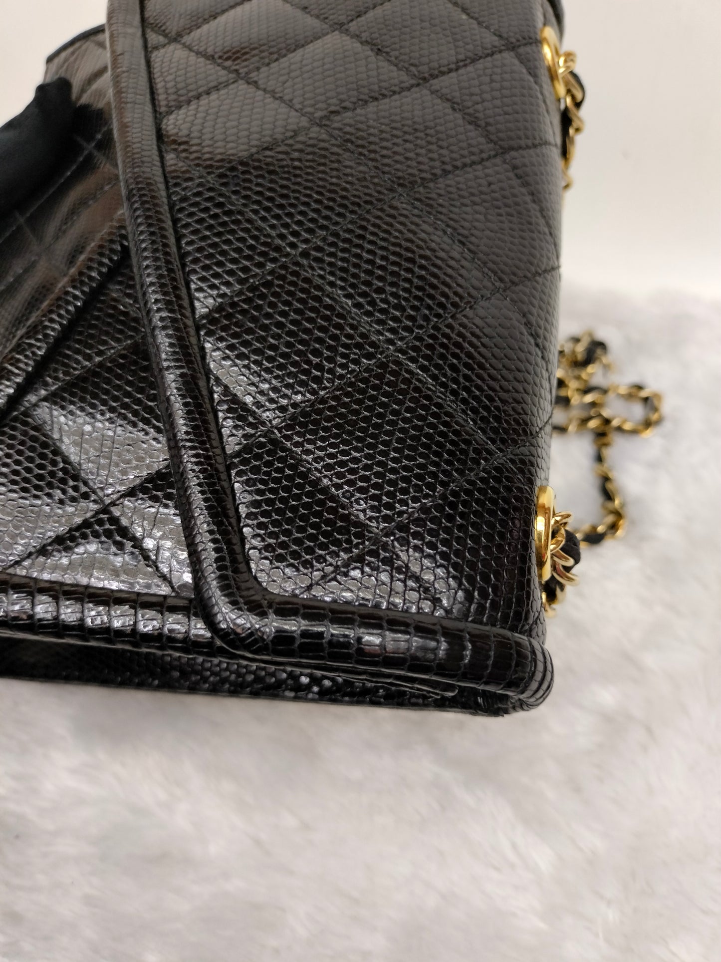 Chanel Shoulder Double Flap Tassel Lizard Black GHW #1