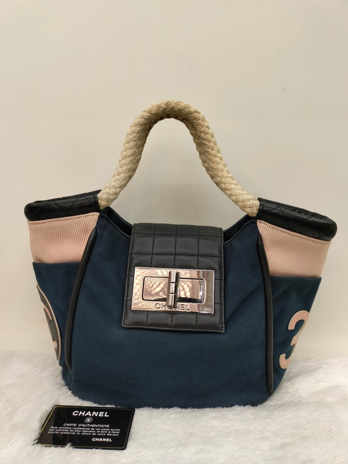 Chanel Mademoiselle Cruise Reissue Tote Canvas Blue White Black SHW #9