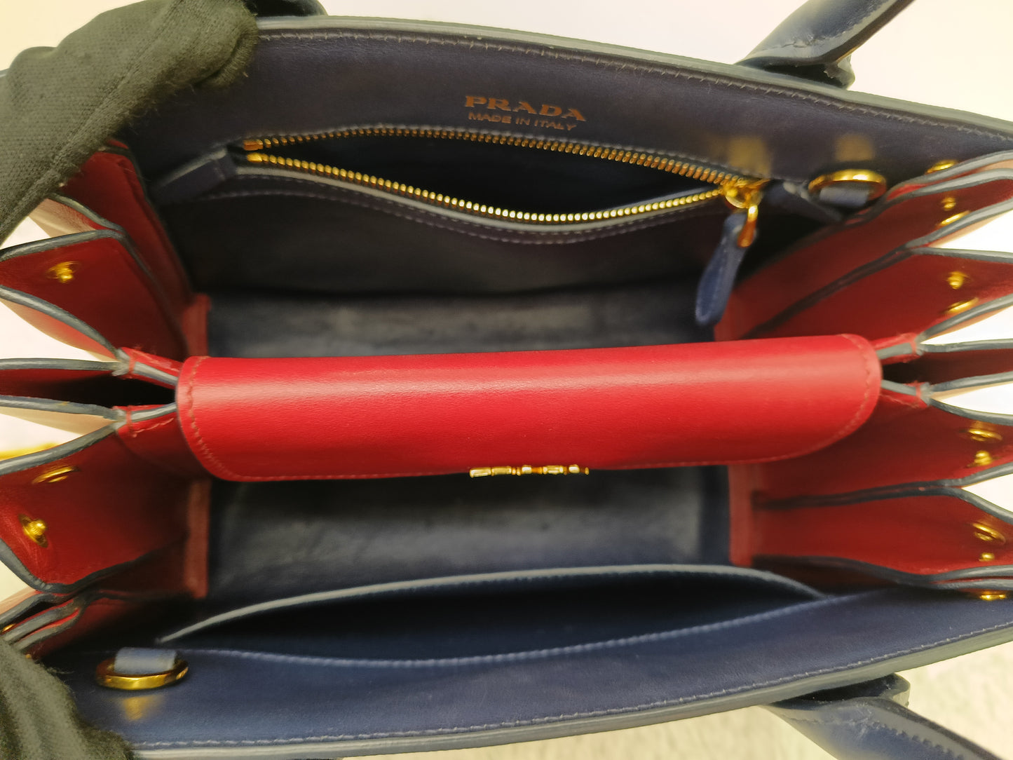 Prada Saffiano Bibliotheque 2 Way Tote Bluette Red GHW