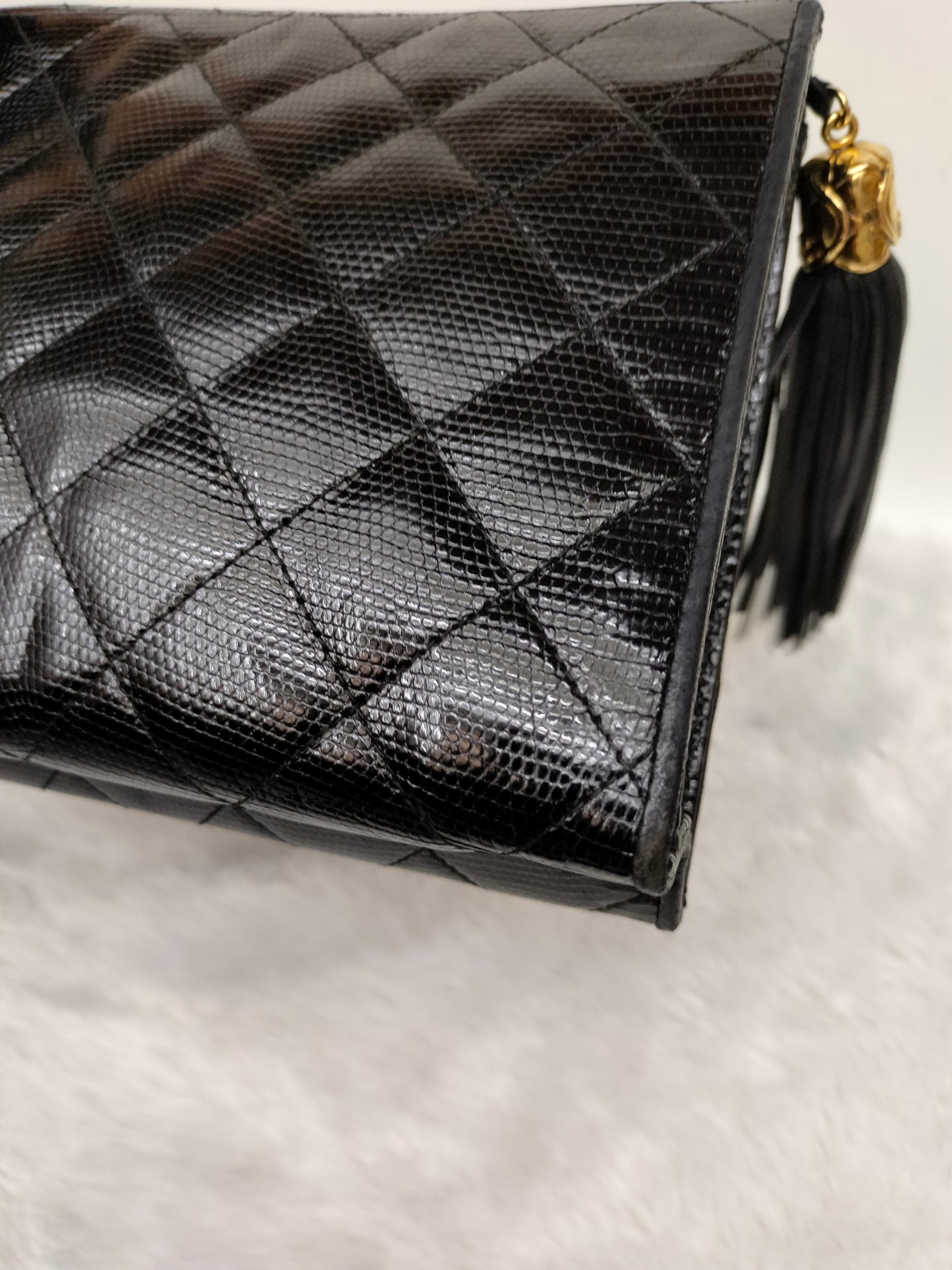Chanel Shoulder Double Flap Tassel Lizard Black GHW #1