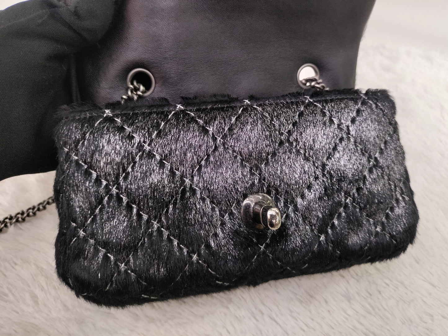 Chanel Mini Flap Calf Hair Metallic Black RHW #21