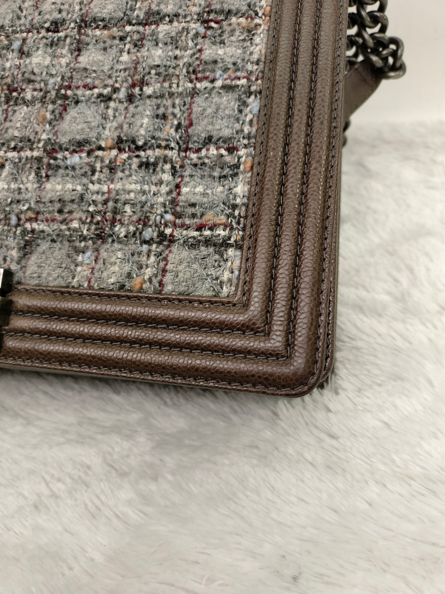 Chanel Boy Large Tweed Calfskin Brown RHW #18
