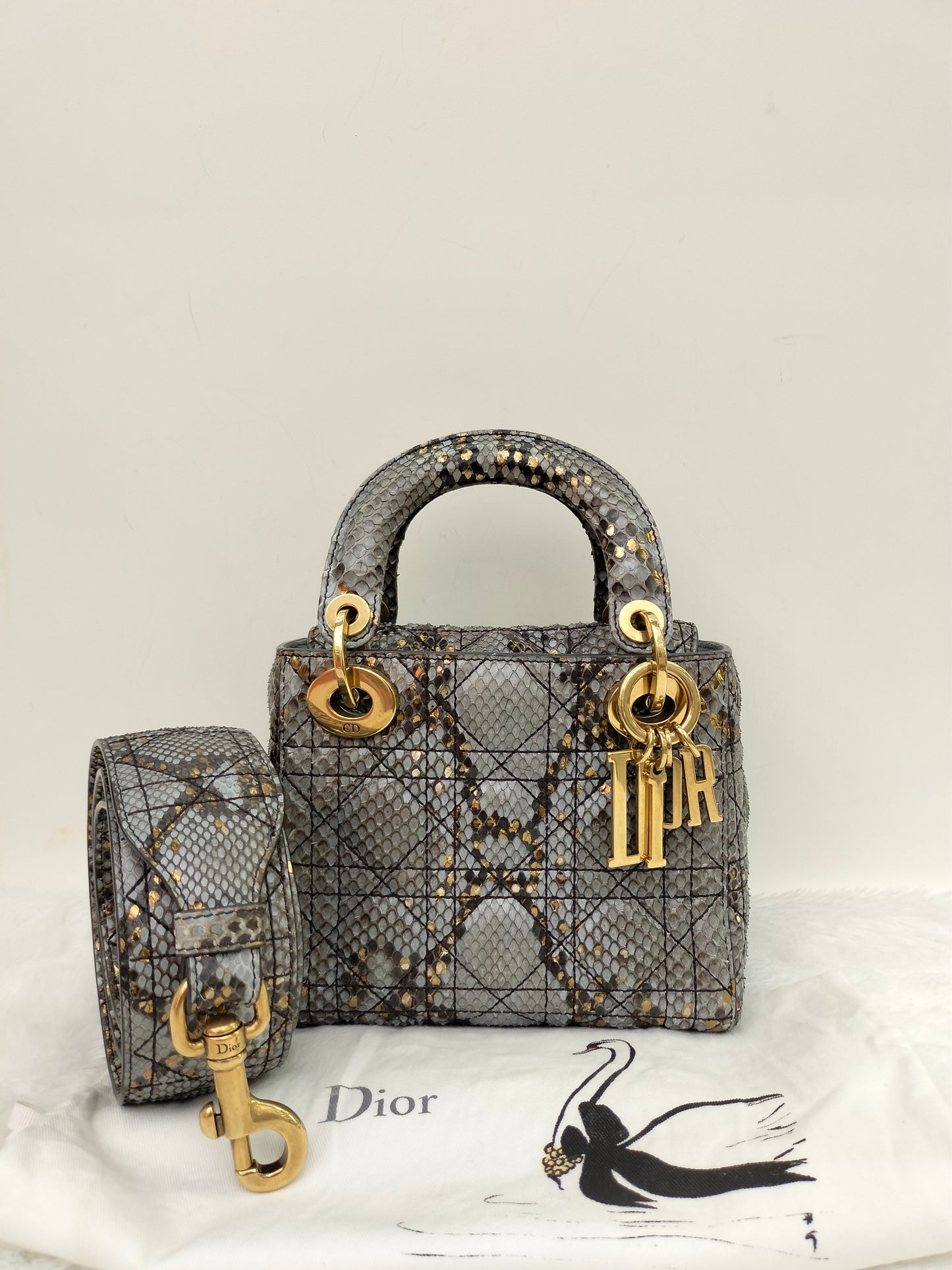 Lady Dior Mini Cannage Supple Python Gray Gold GHW 2017