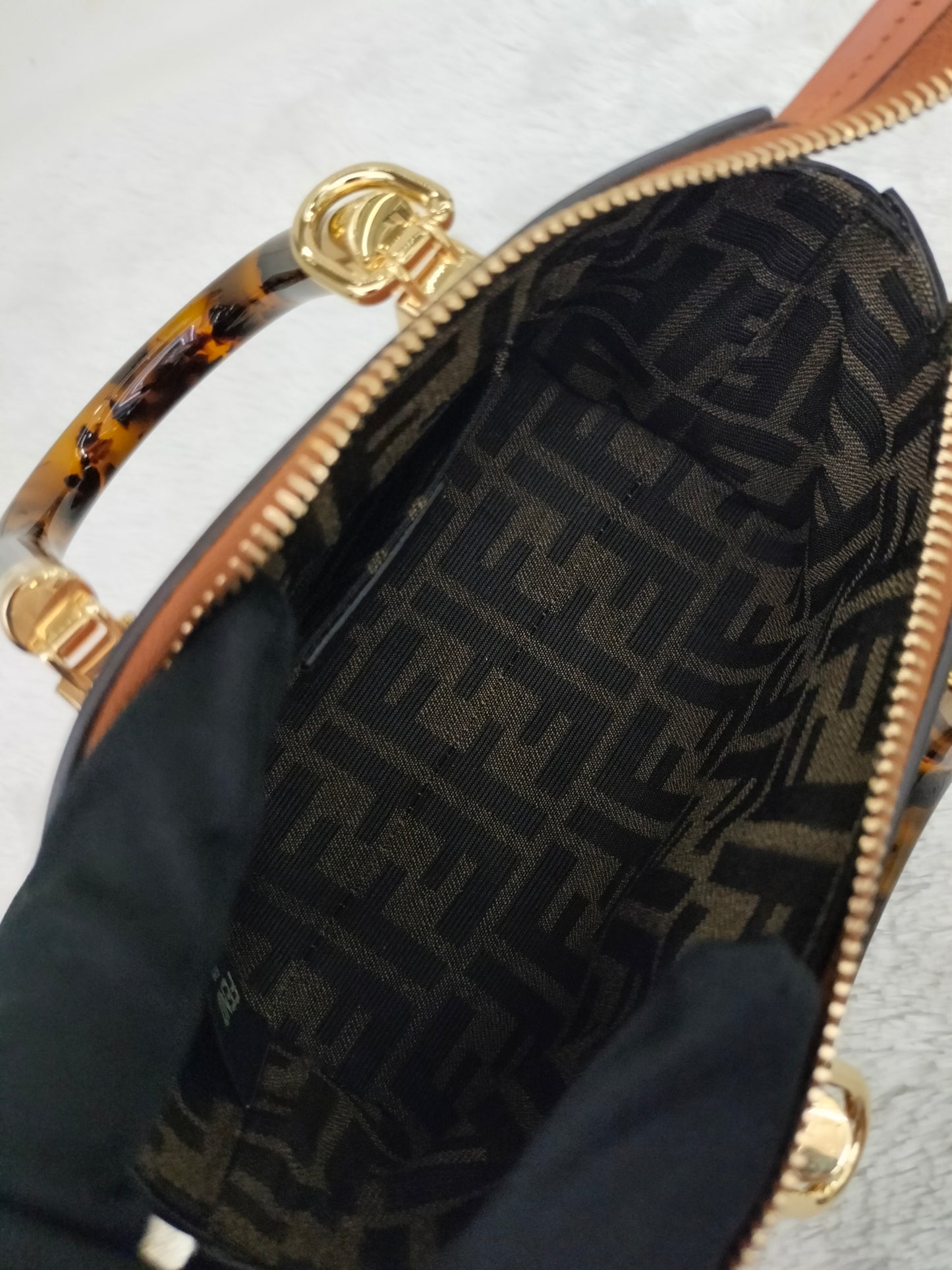 Fendi BTW Mini Embossed Logo Brown Handle Tortois GHW
