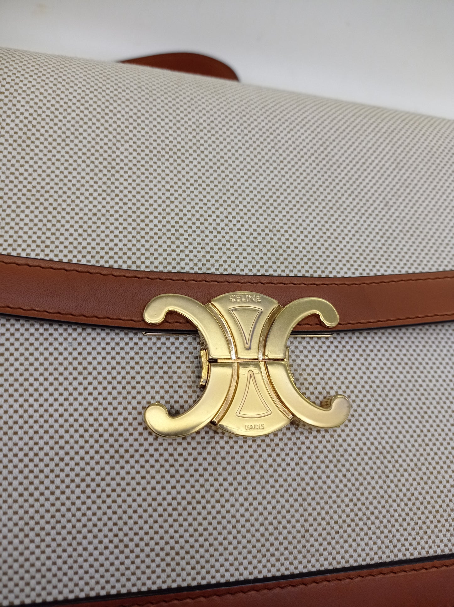 Celine Triomphe Canvas White Tan GHW 2019